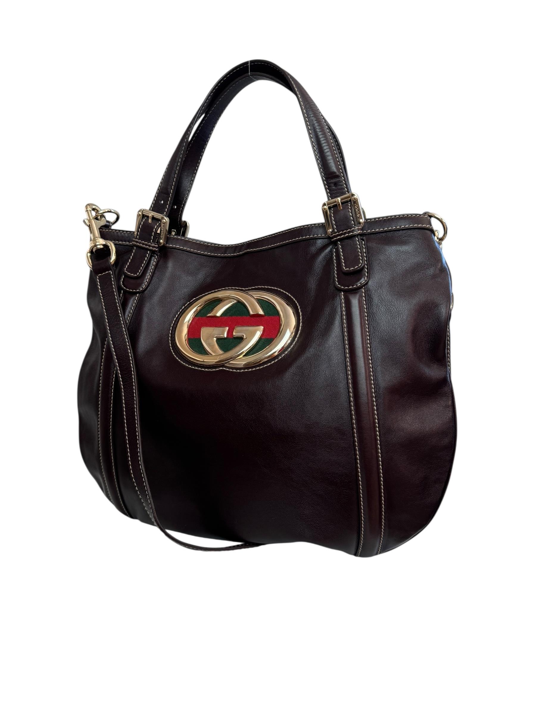 GUCCI DARK BROWN GG WEB BRITT TOTE BAG