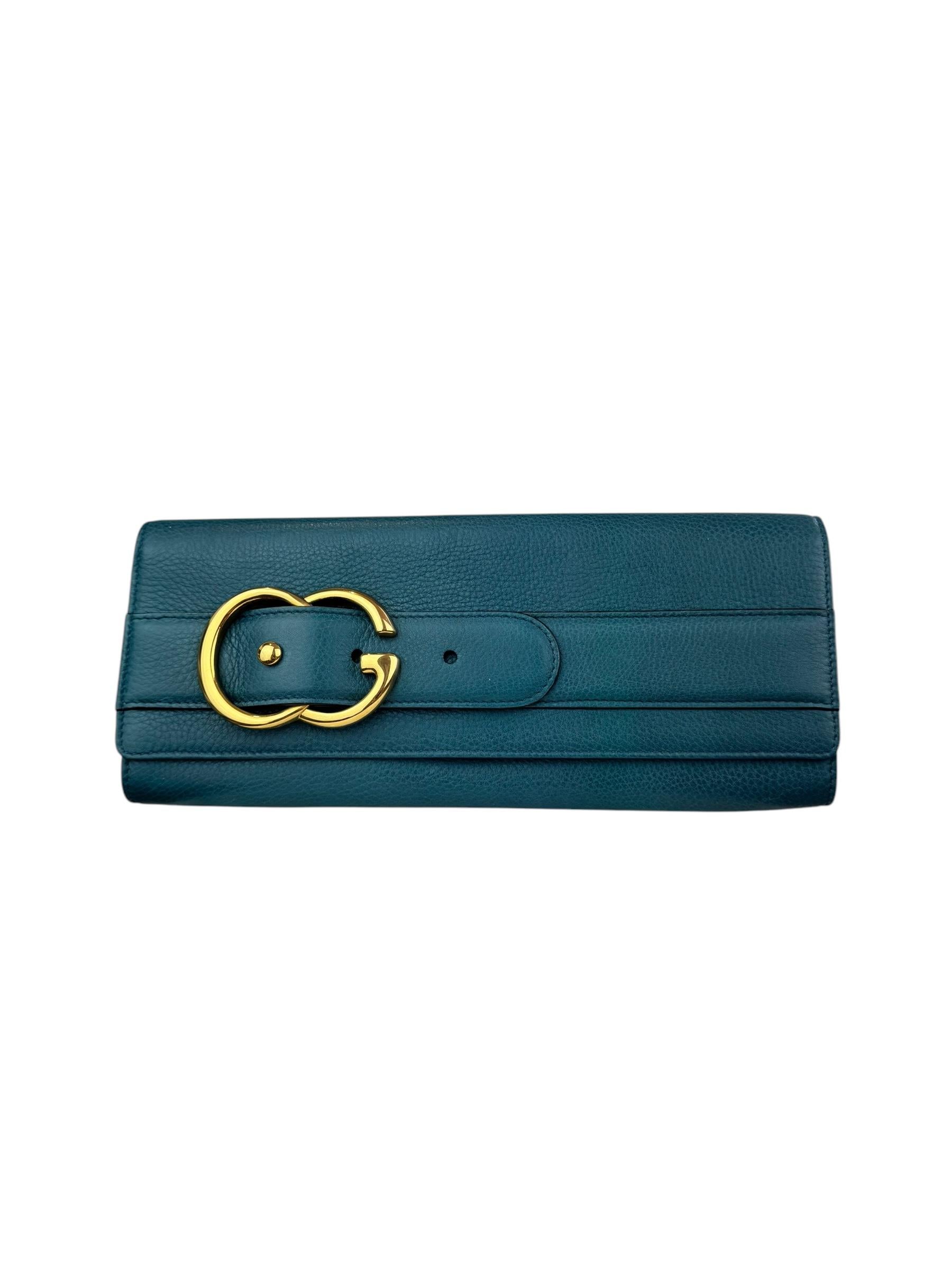 GUCCI GREEN PEBBLED LEATHER ROMY CLUTCH