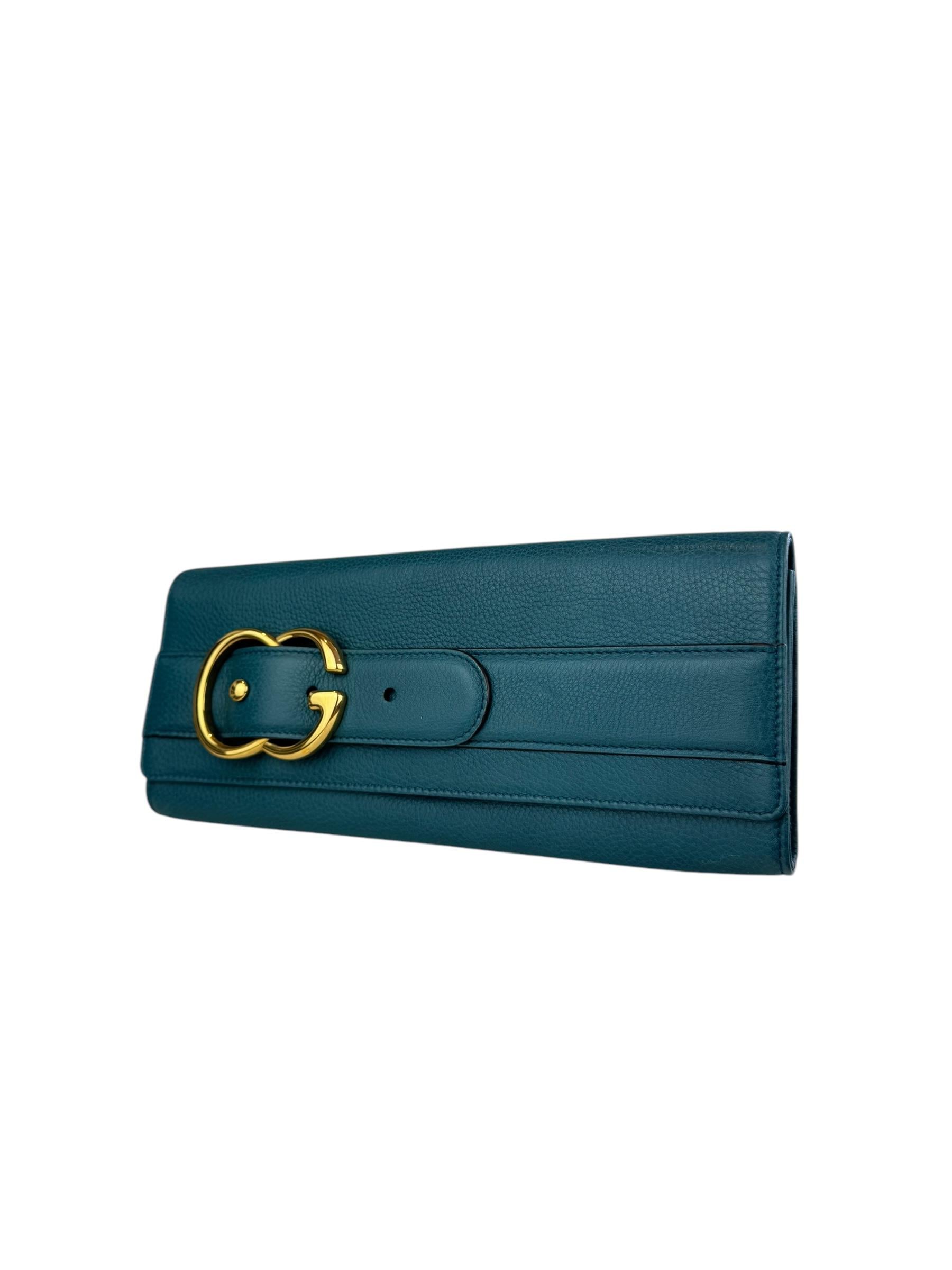 GUCCI GREEN PEBBLED LEATHER ROMY CLUTCH
