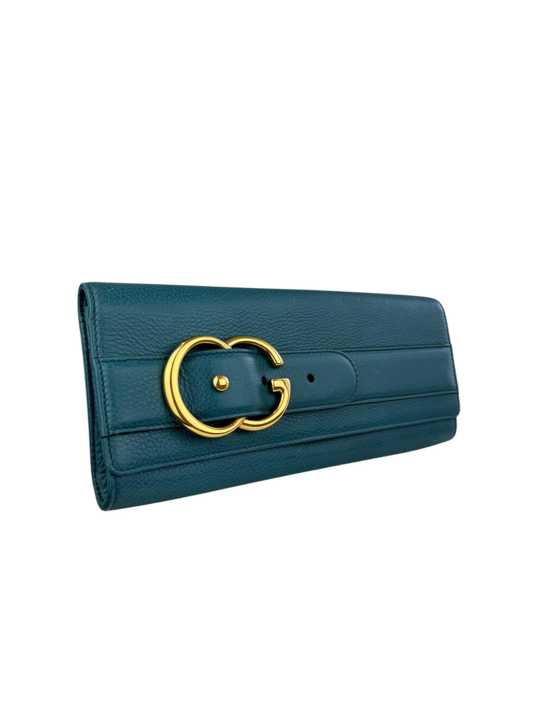 GUCCI GREEN PEBBLED LEATHER ROMY CLUTCH
