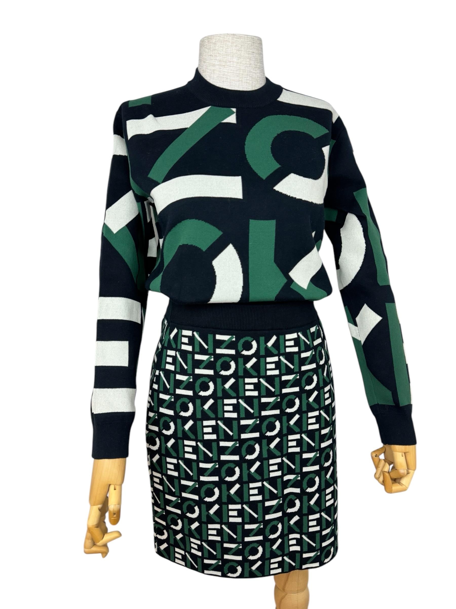 KENZO GREEN LOGO PRINTED SKIRT AND JUMPER