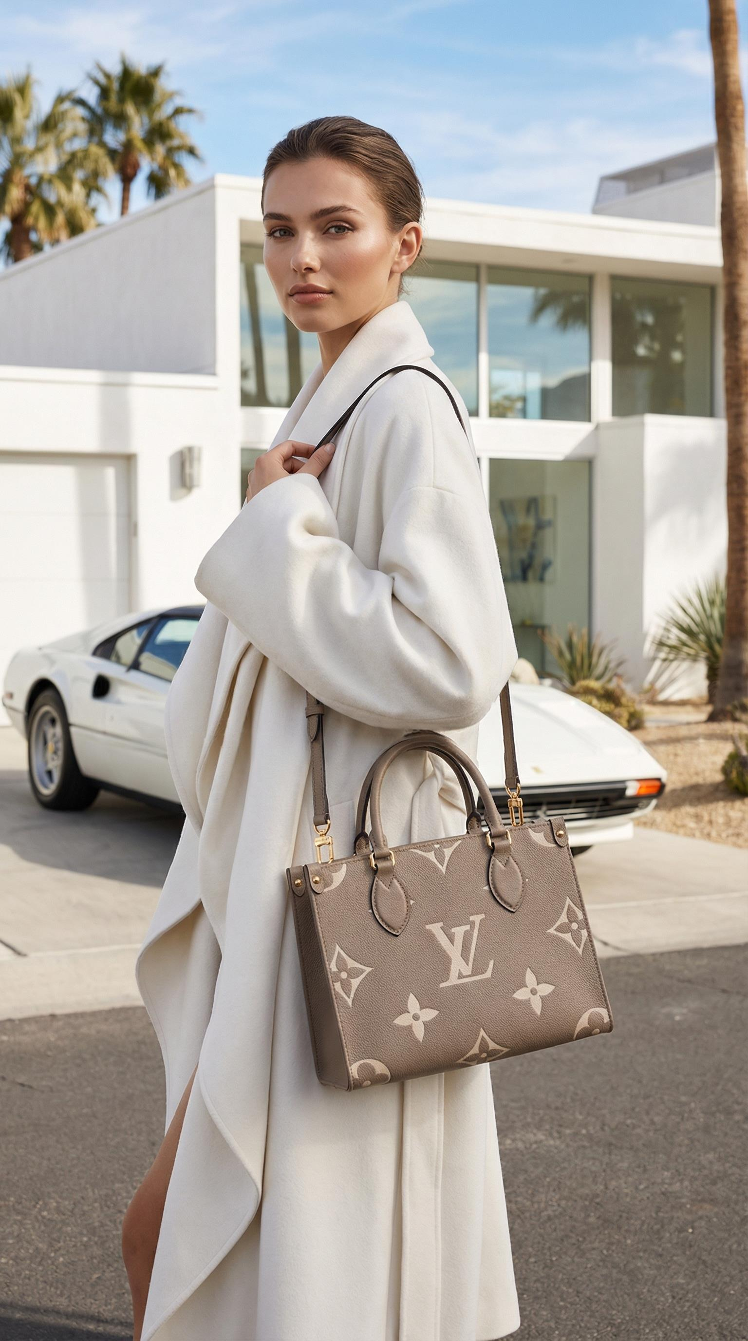 LOUIS VUITTON TOURTERELLE CREME ON THE GO BAG PM