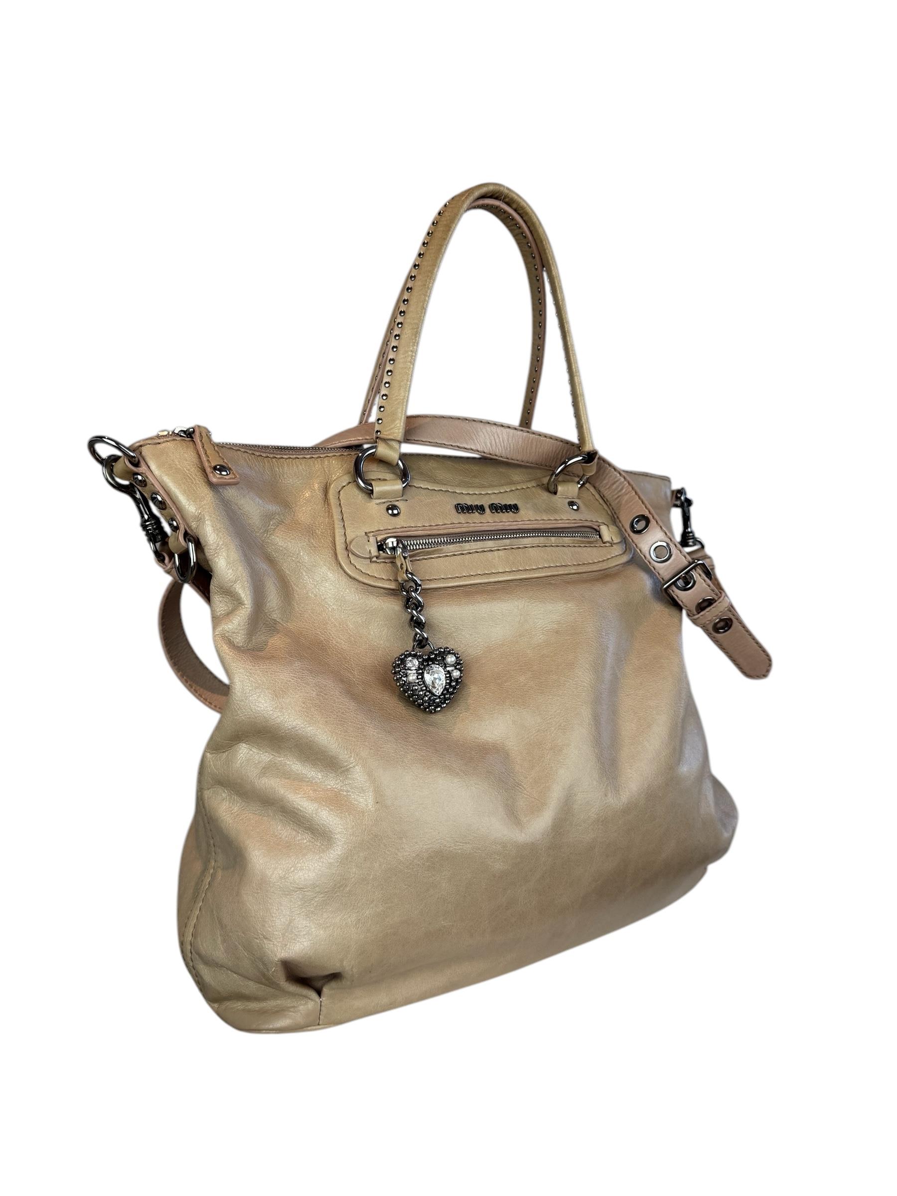 MIU MIU BEIGE HEART CHARM TOTE BAG