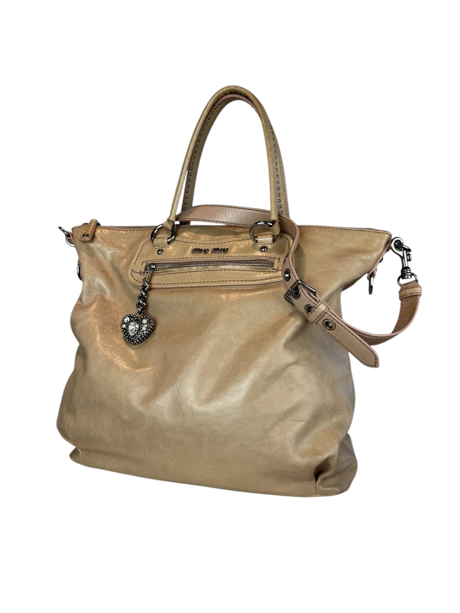 MIU MIU BEIGE HEART CHARM TOTE BAG