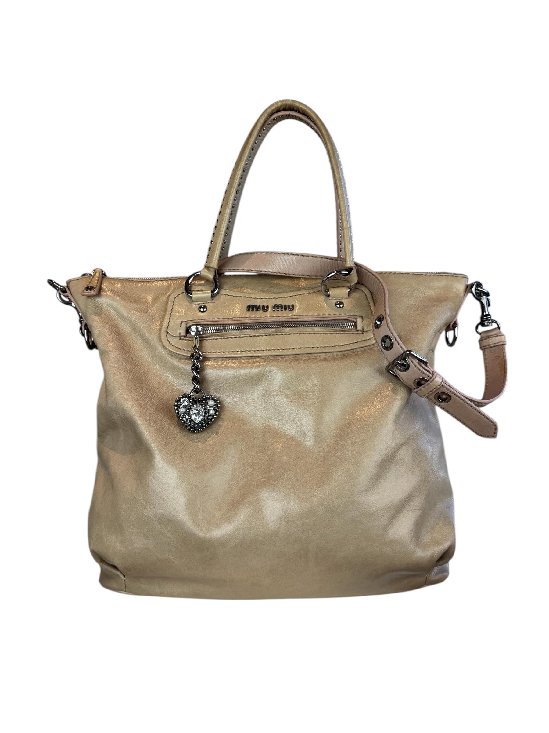 MIU MIU BEIGE HEART CHARM TOTE BAG