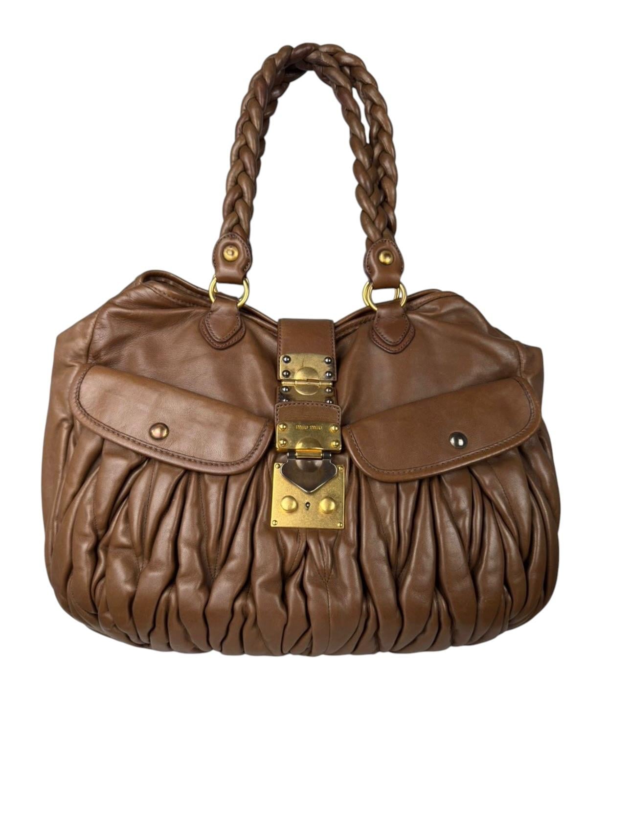 MIU MIU CARAMEL GOLD COFFER LEATHER BAG