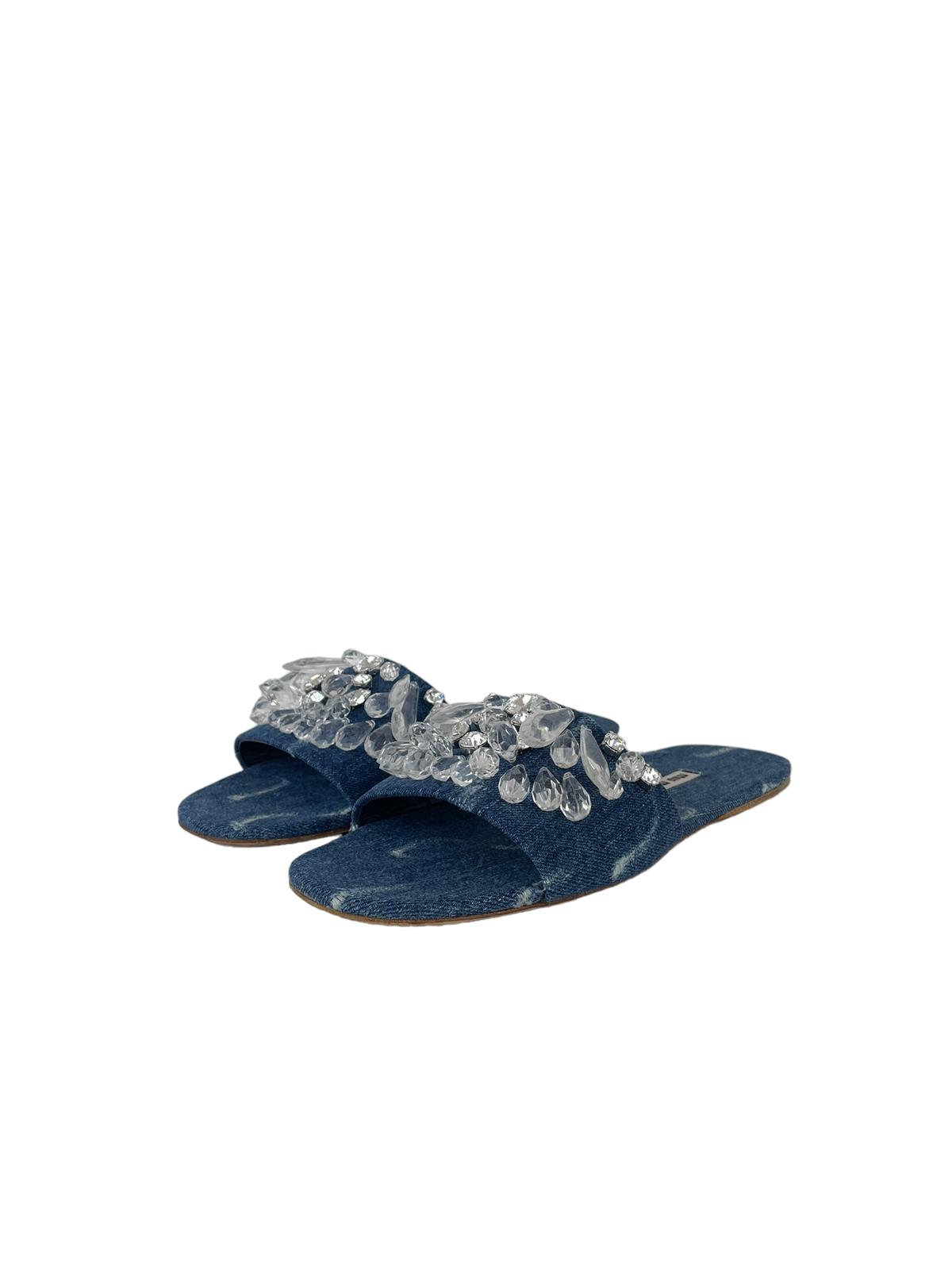 MIU MIU DENIM CRYSTAL SLIDES 