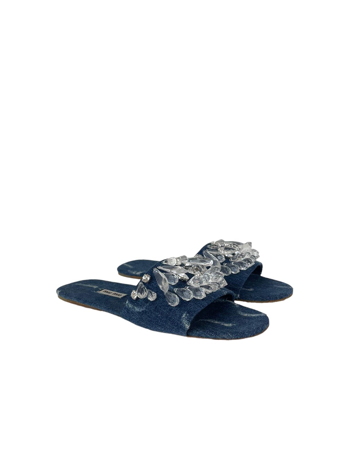 MIU MIU DENIM CRYSTAL SLIDES 