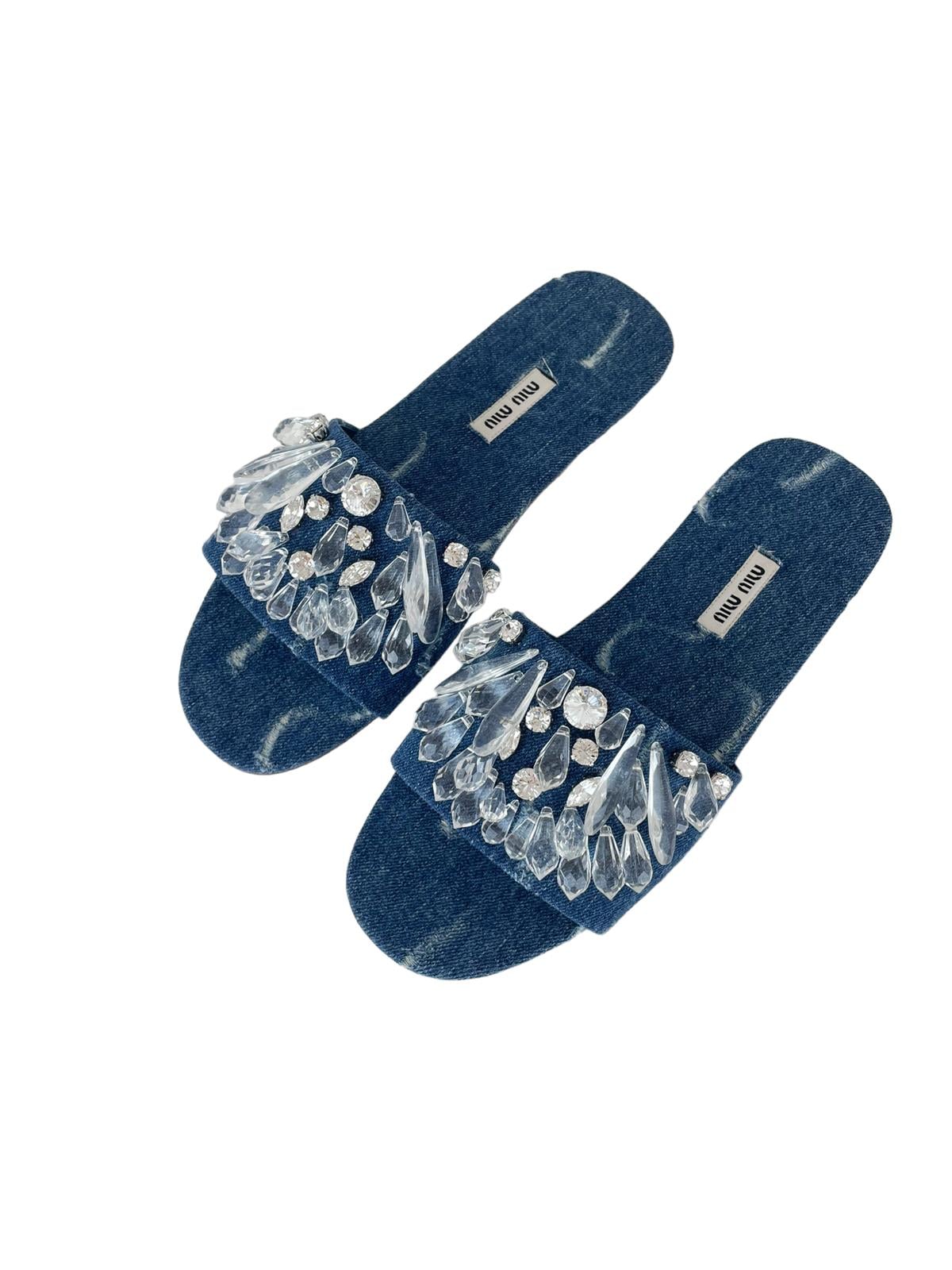 MIU MIU DENIM CRYSTAL SLIDES 