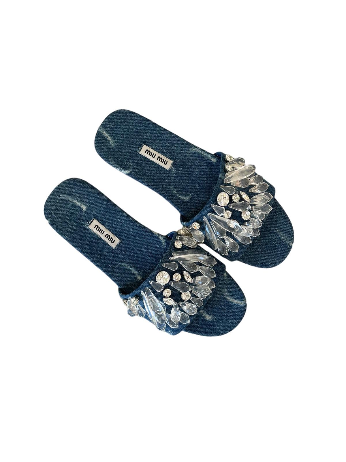 MIU MIU DENIM CRYSTAL SLIDES 