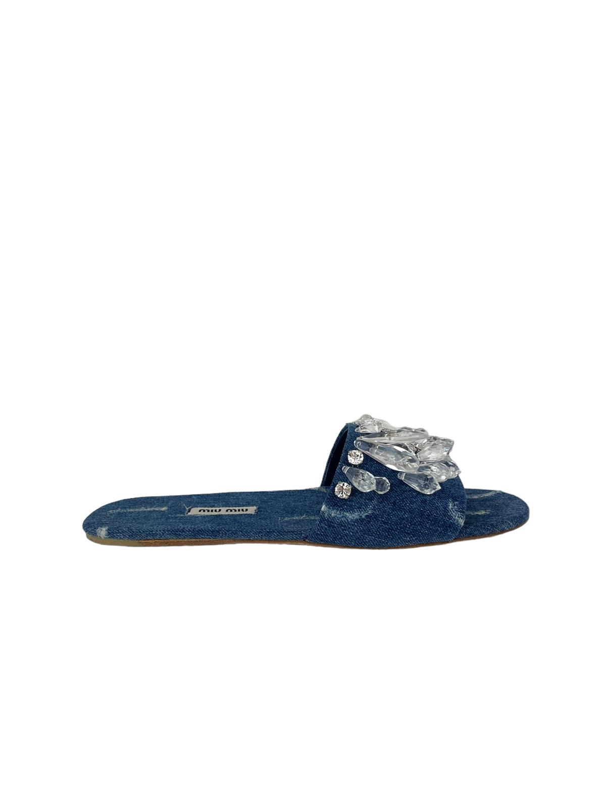 MIU MIU DENIM CRYSTAL SLIDES 