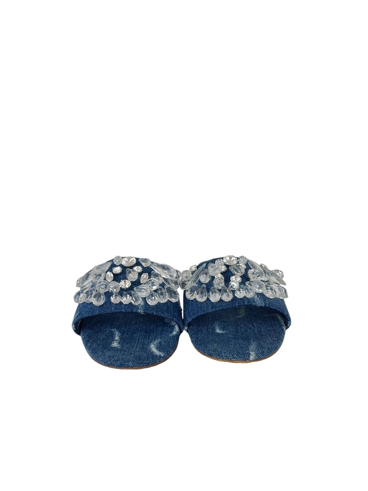 MIU MIU DENIM CRYSTAL SLIDES 