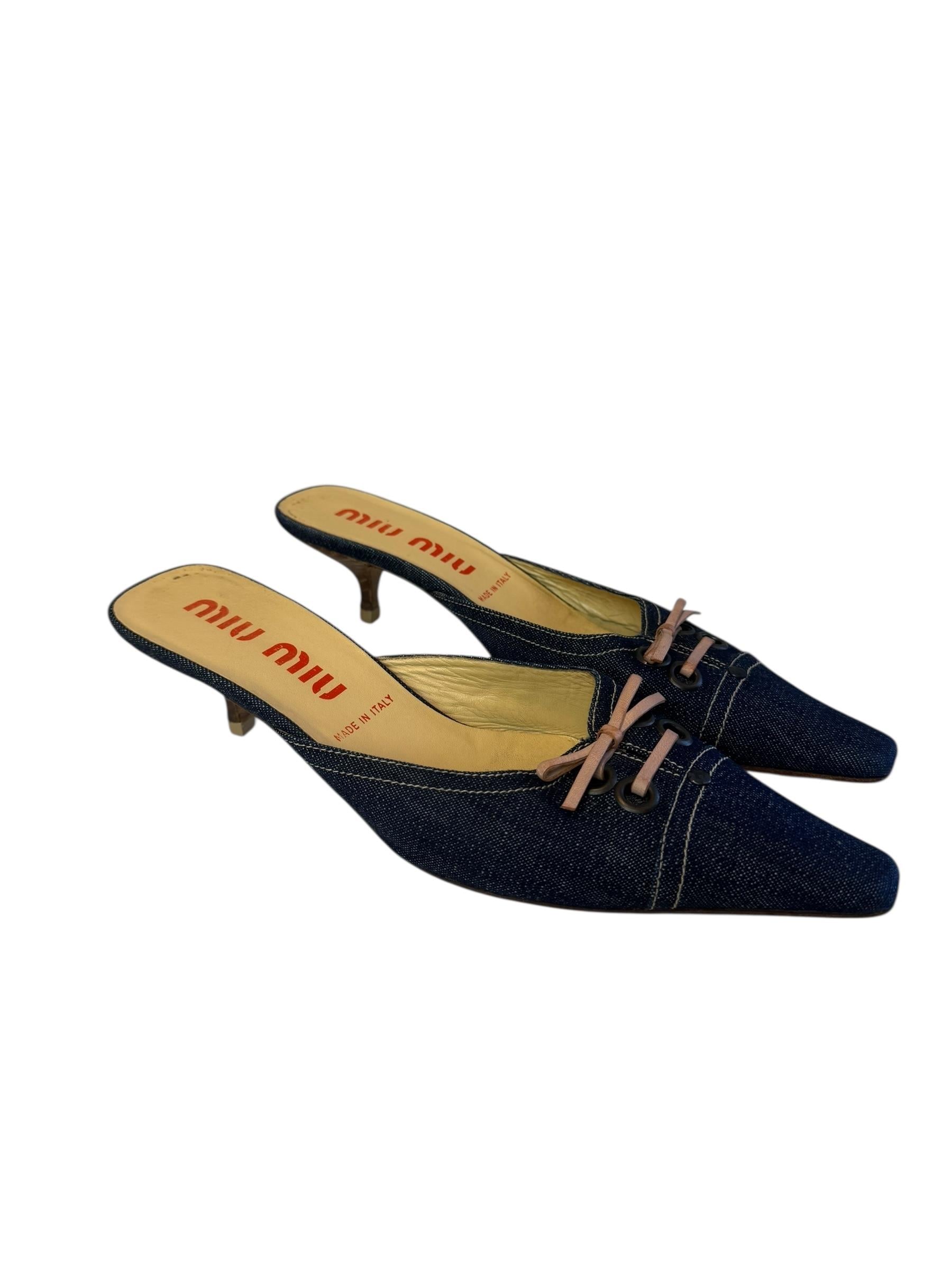 MIU MIU DENIM KITTEN HEEL MULES
