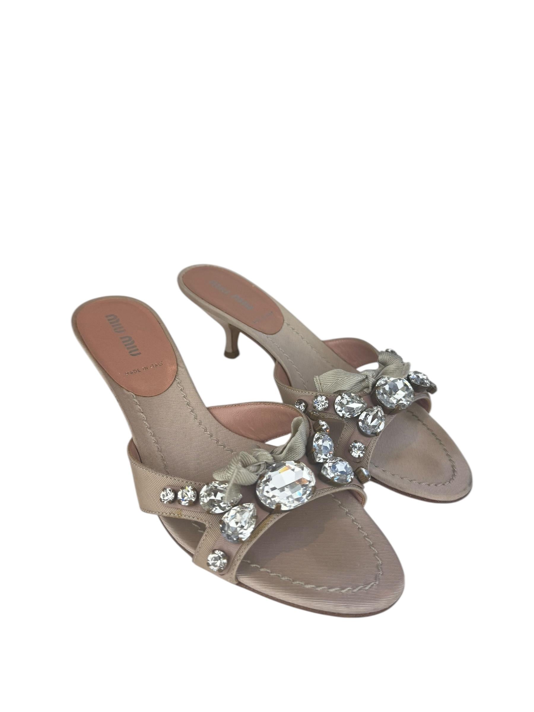 MIU MIU PINK CRYSTAL RIBBON SANDALS