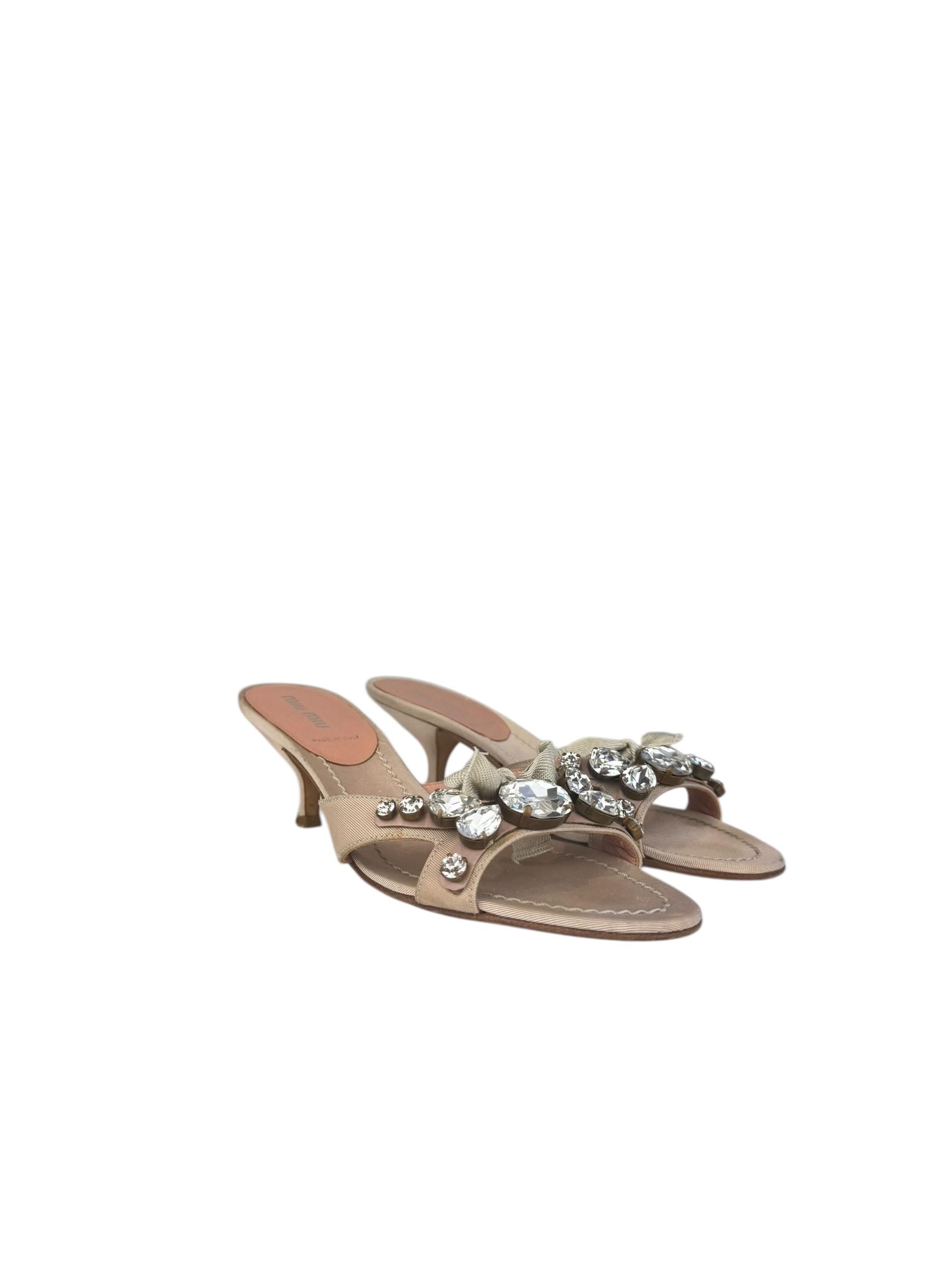 MIU MIU PINK CRYSTAL RIBBON SANDALS