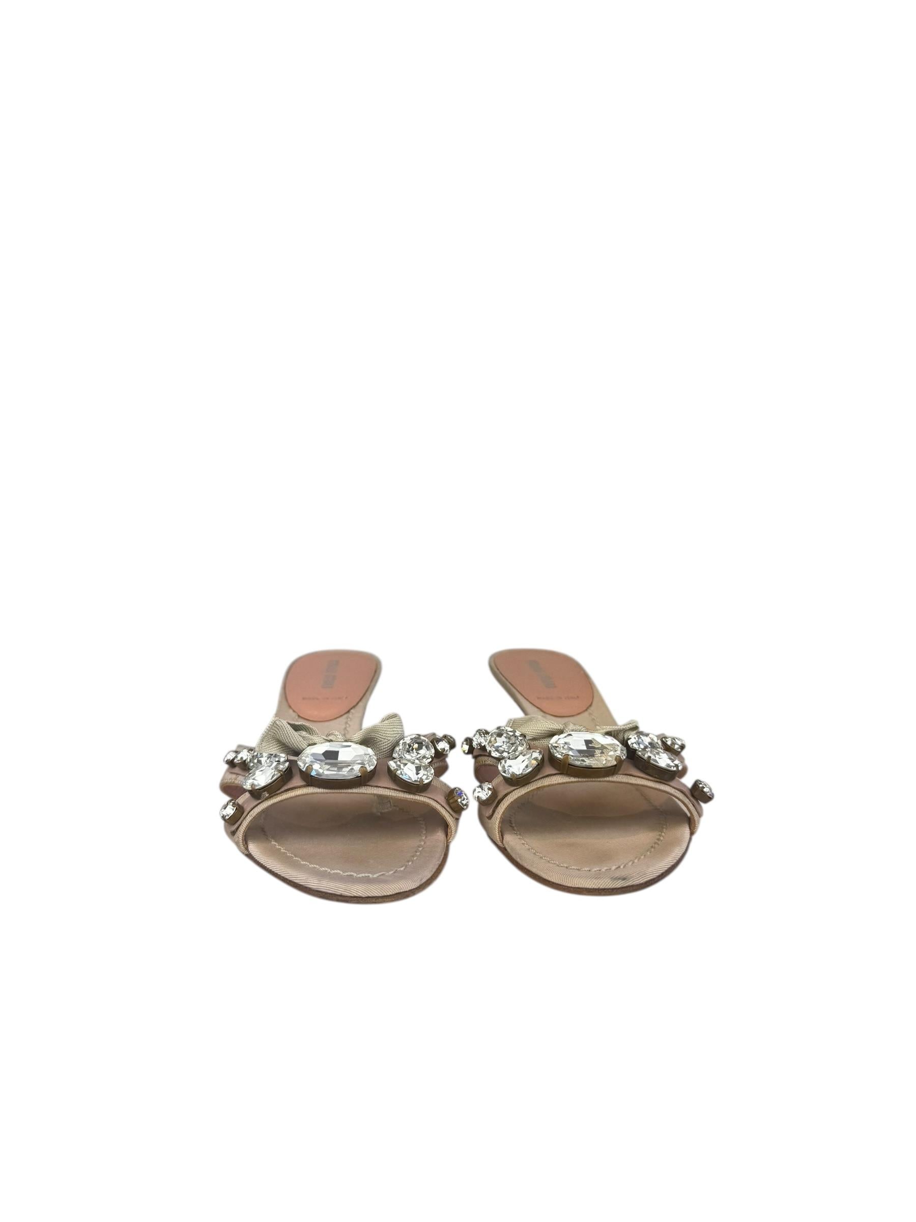 MIU MIU PINK CRYSTAL RIBBON SANDALS