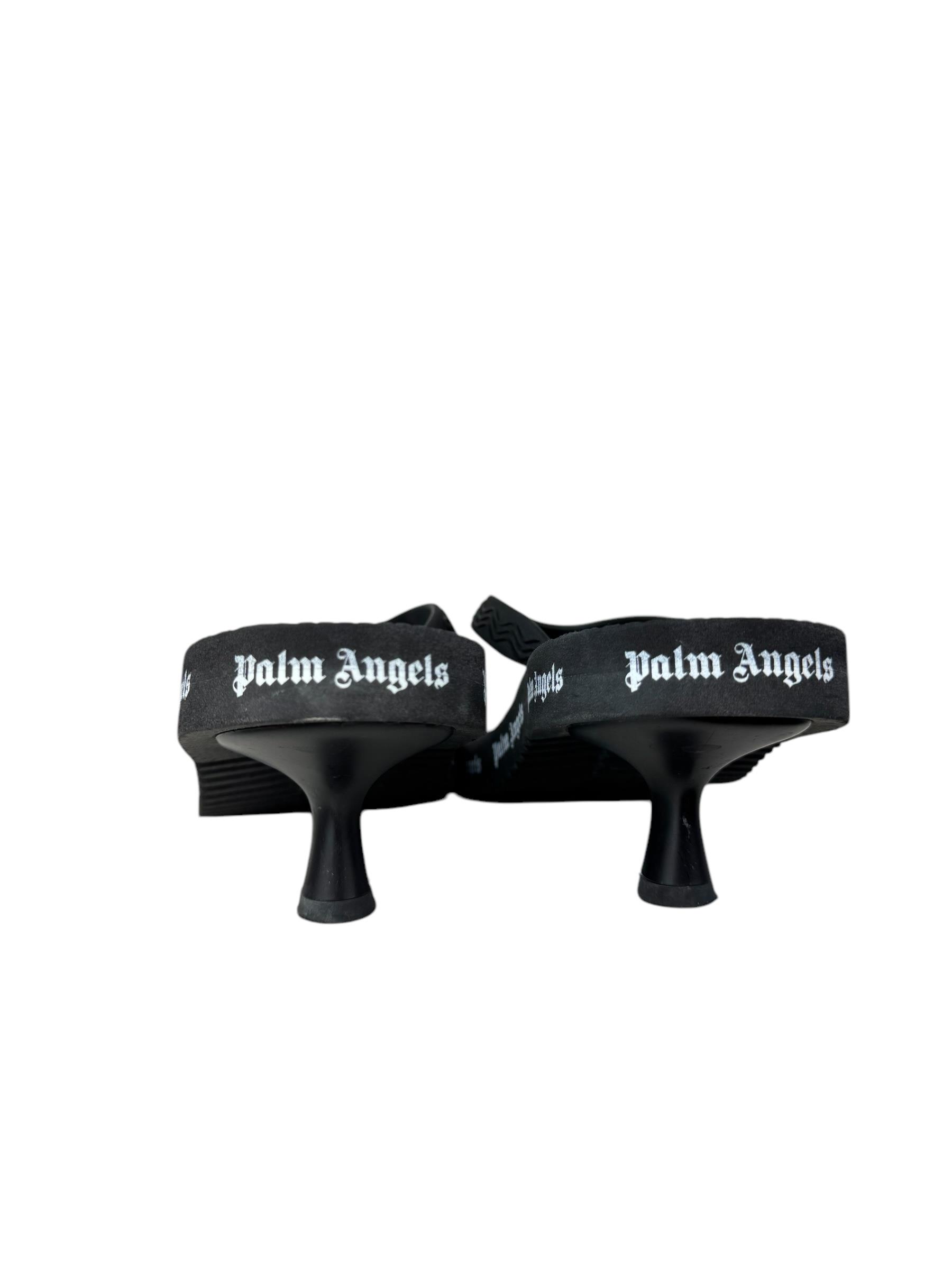 PALM ANGELS LOGO PRINT HEELED FLIP FLOPS