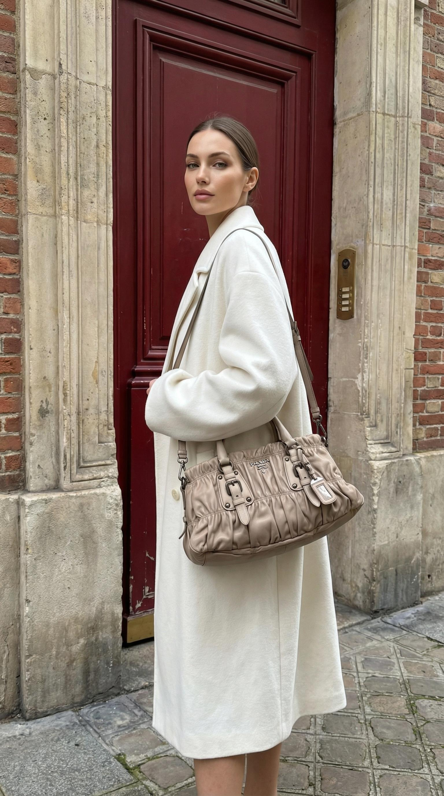 PRADA BEIGE NAPPA GAUFRE TOTE BAG