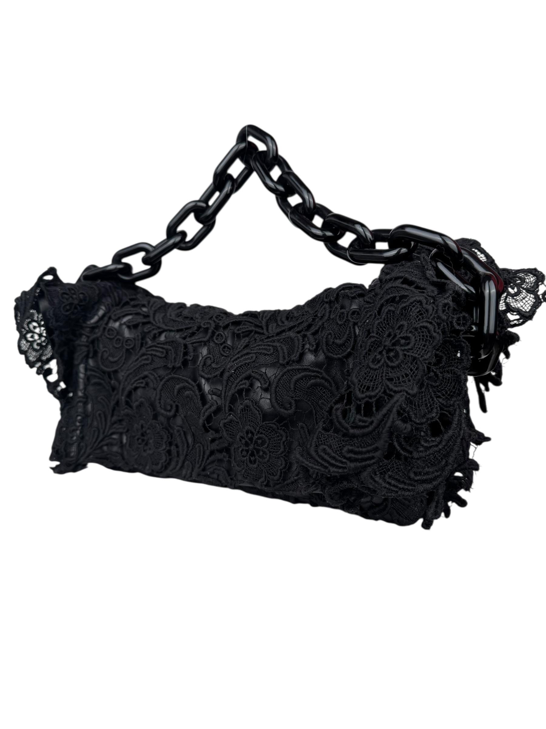 PRADA BLACK LEATHER LACE SHOULDER BAG