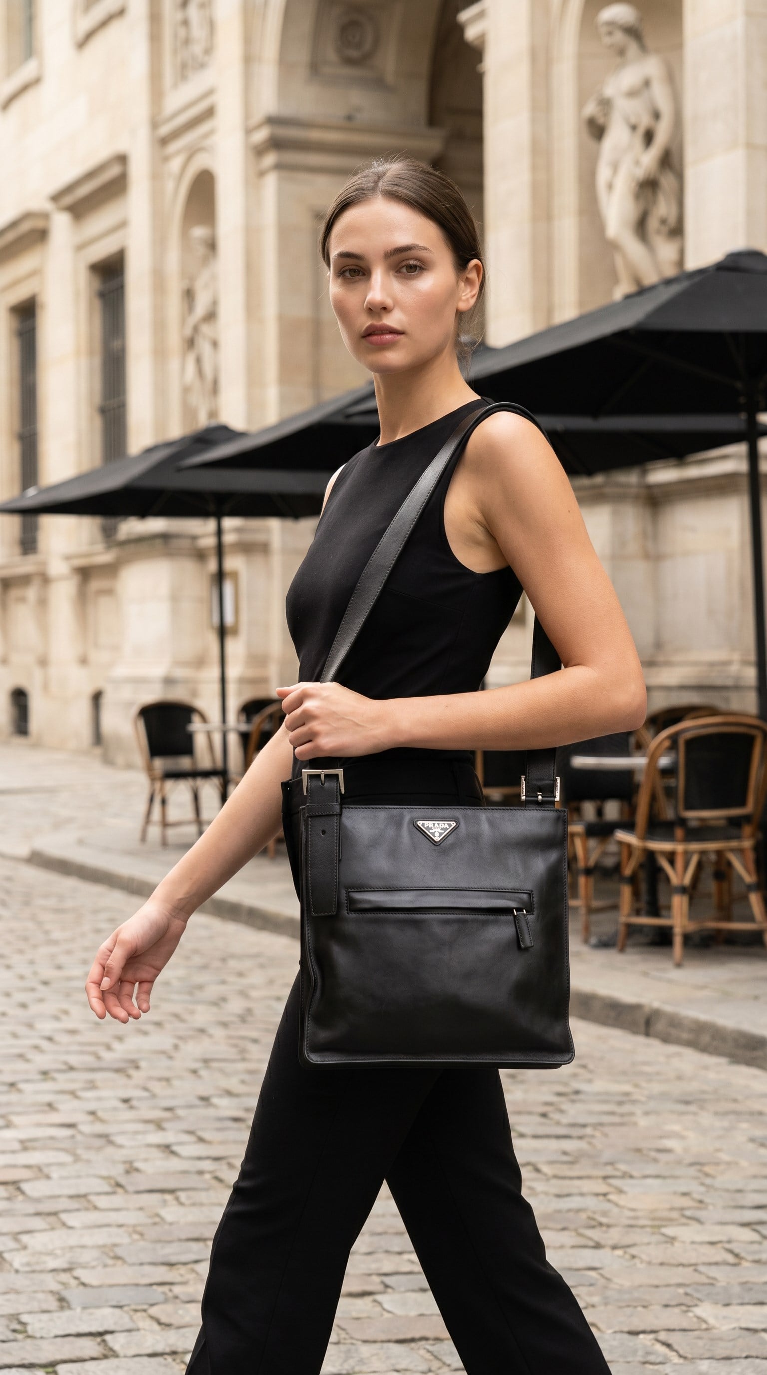 PRADA BLACK LEATHER MESSENGER BAG