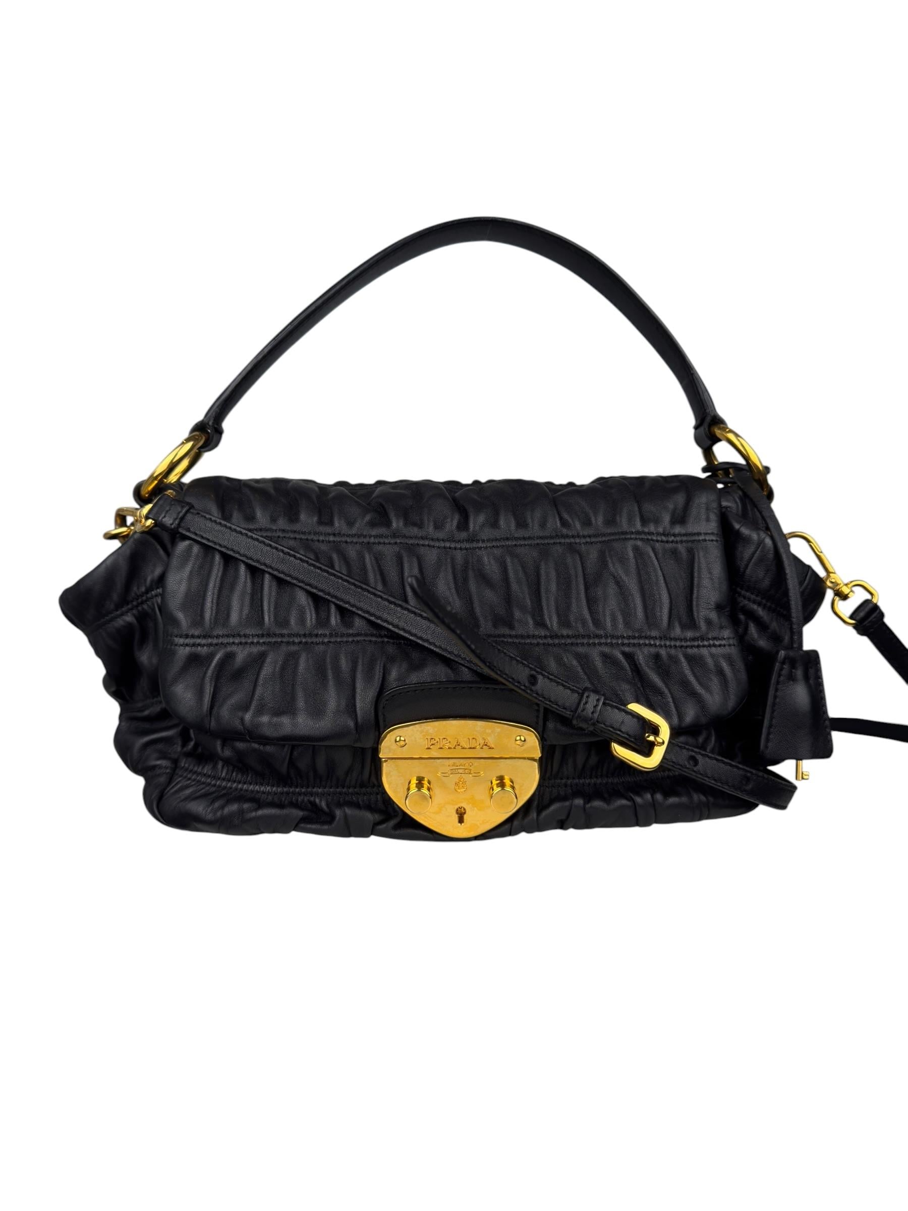 PRADA BLACK NAPPA GAUFRE FLAP BAG