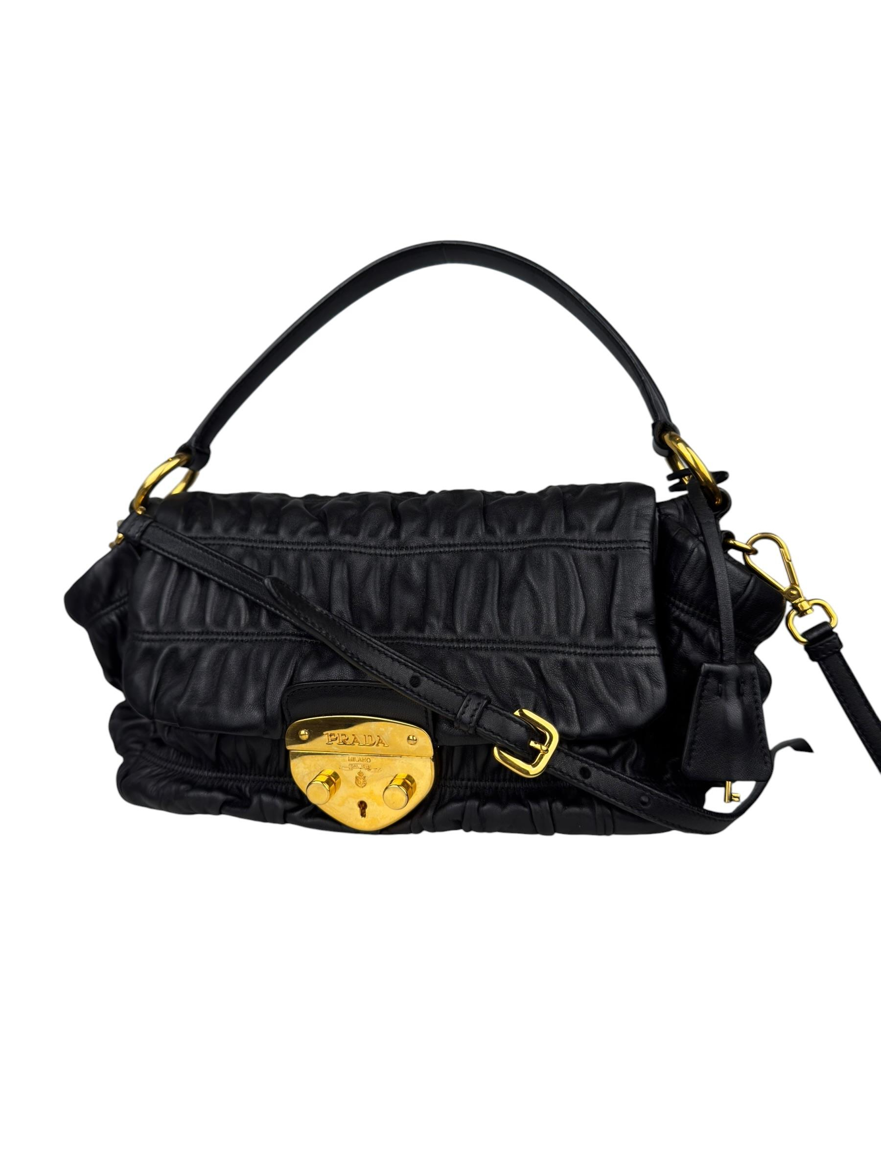 PRADA BLACK NAPPA GAUFRE FLAP BAG