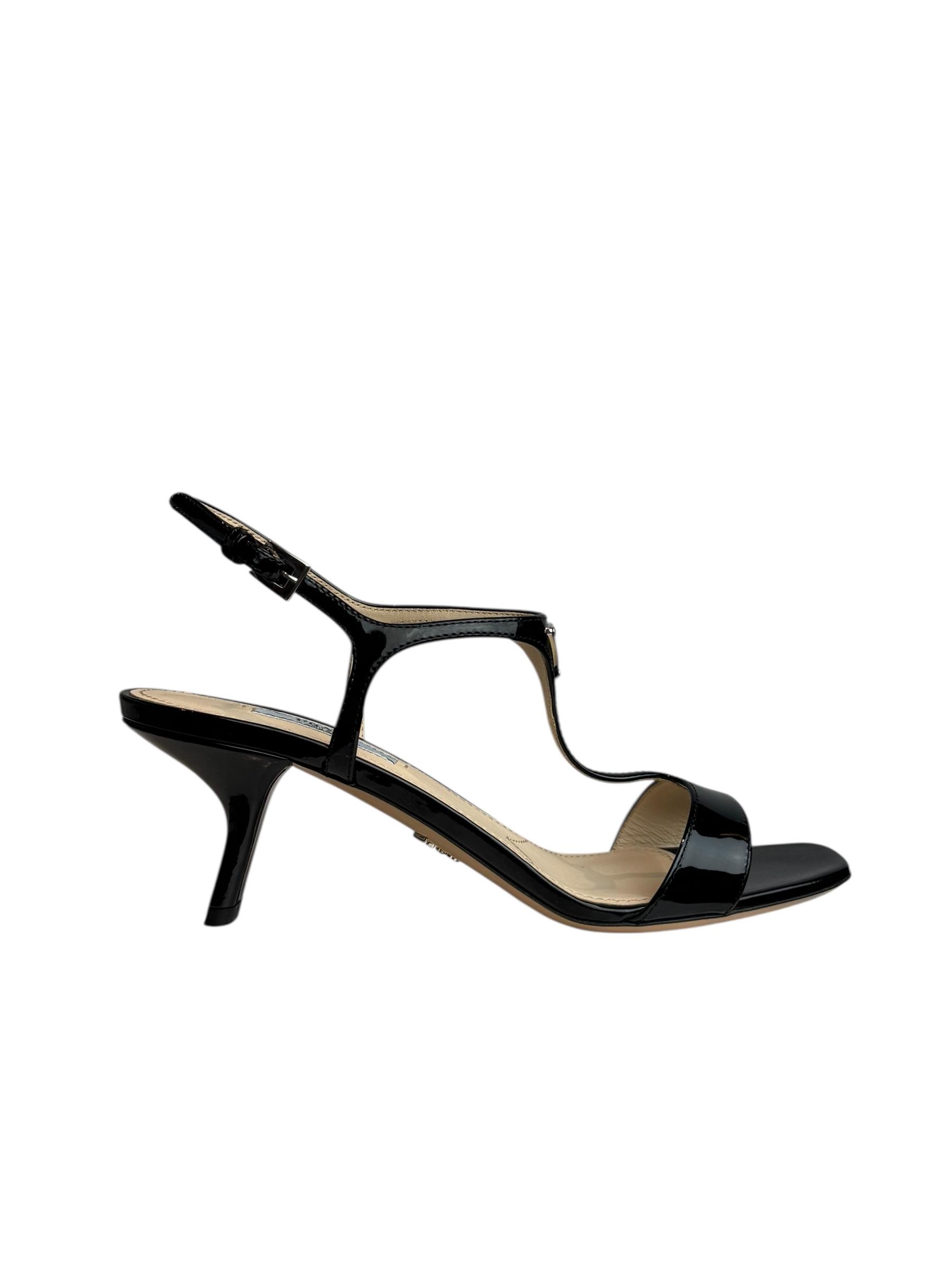 PRADA BLACK PATENT LEATHER TRIANGLE HEELS