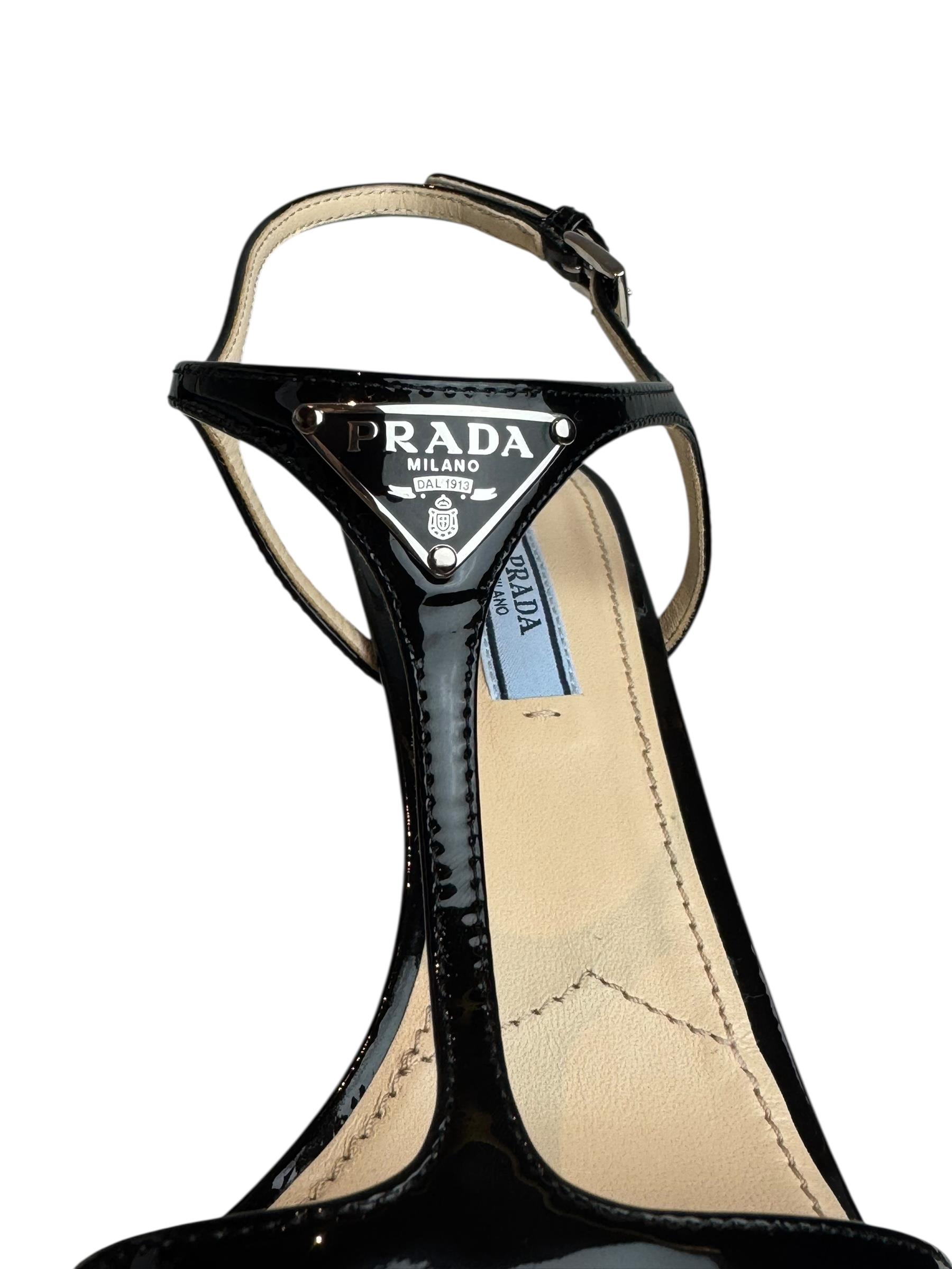 PRADA BLACK PATENT LEATHER TRIANGLE HEELS