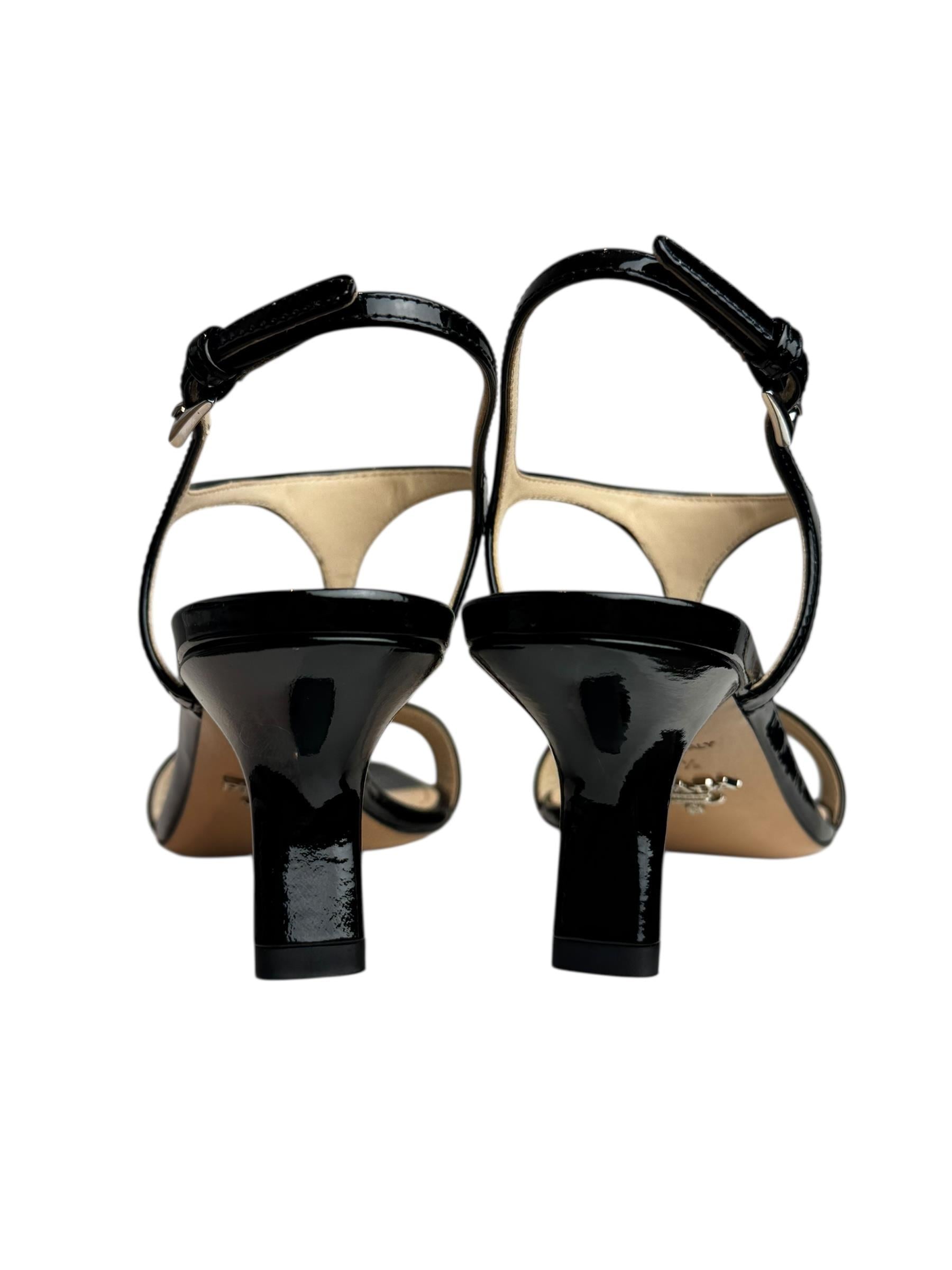 PRADA BLACK PATENT LEATHER TRIANGLE HEELS