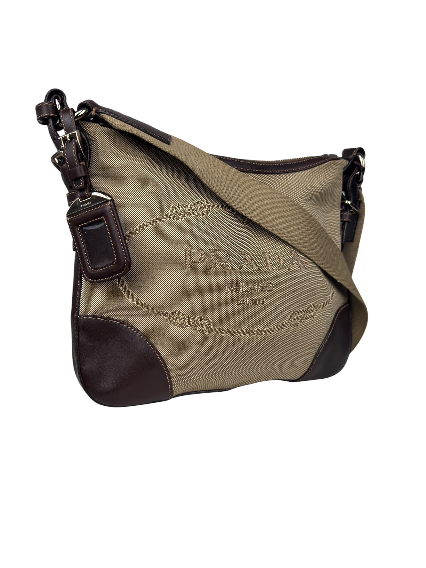 PRADA BROWN CANVAS LOGO MESSENGER BAG