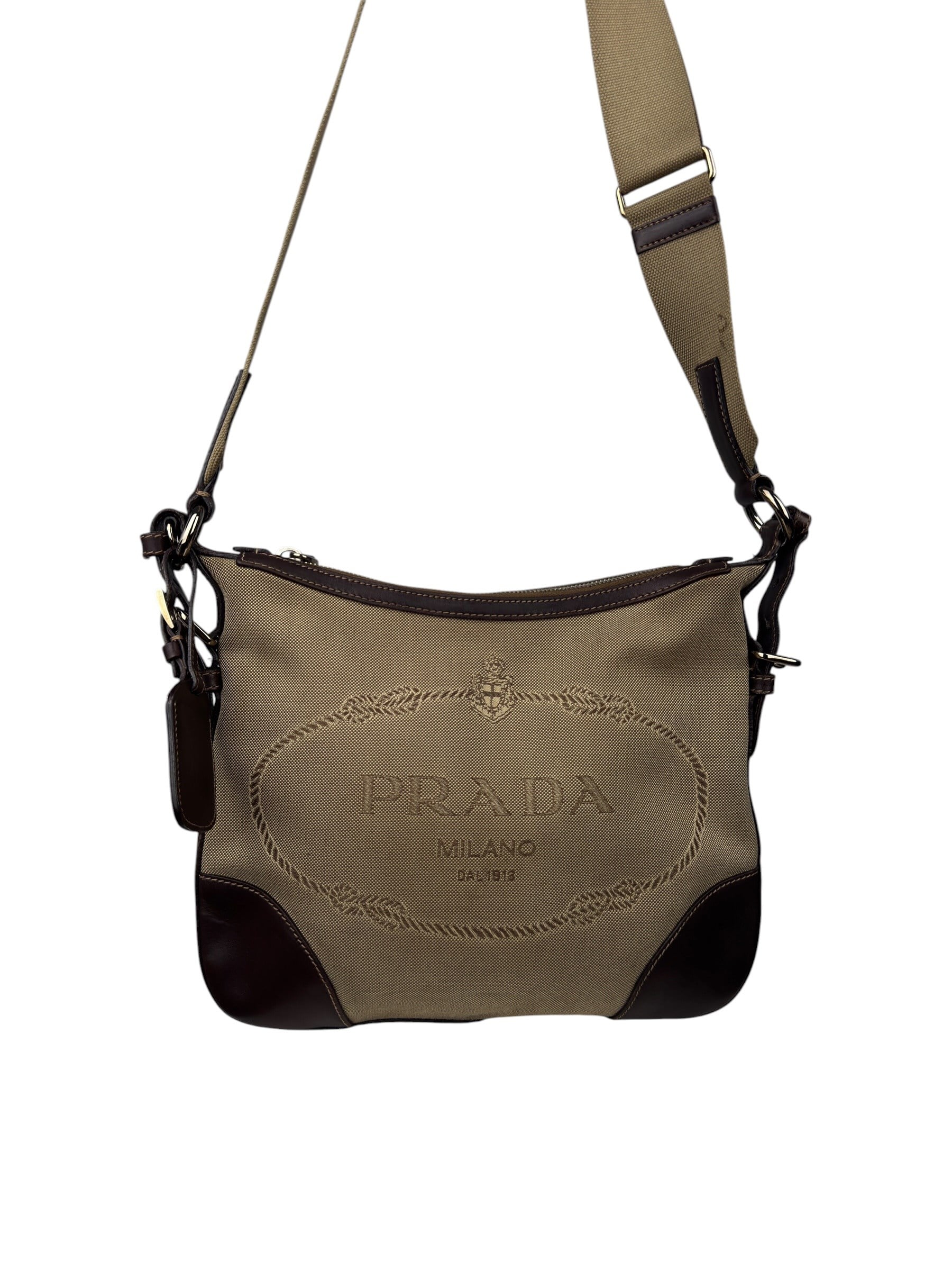 PRADA BROWN CANVAS LOGO MESSENGER BAG