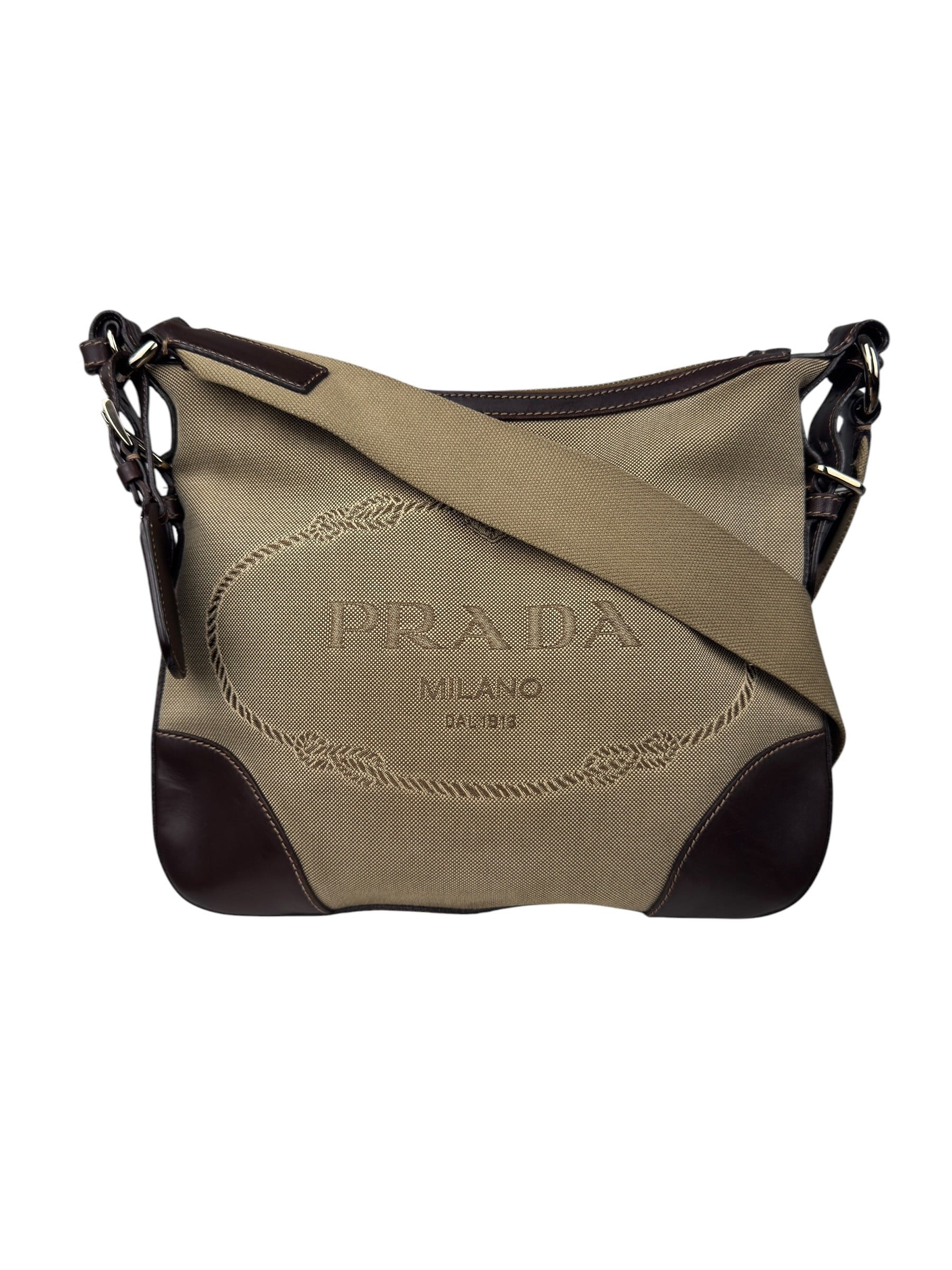 PRADA BROWN CANVAS LOGO MESSENGER BAG