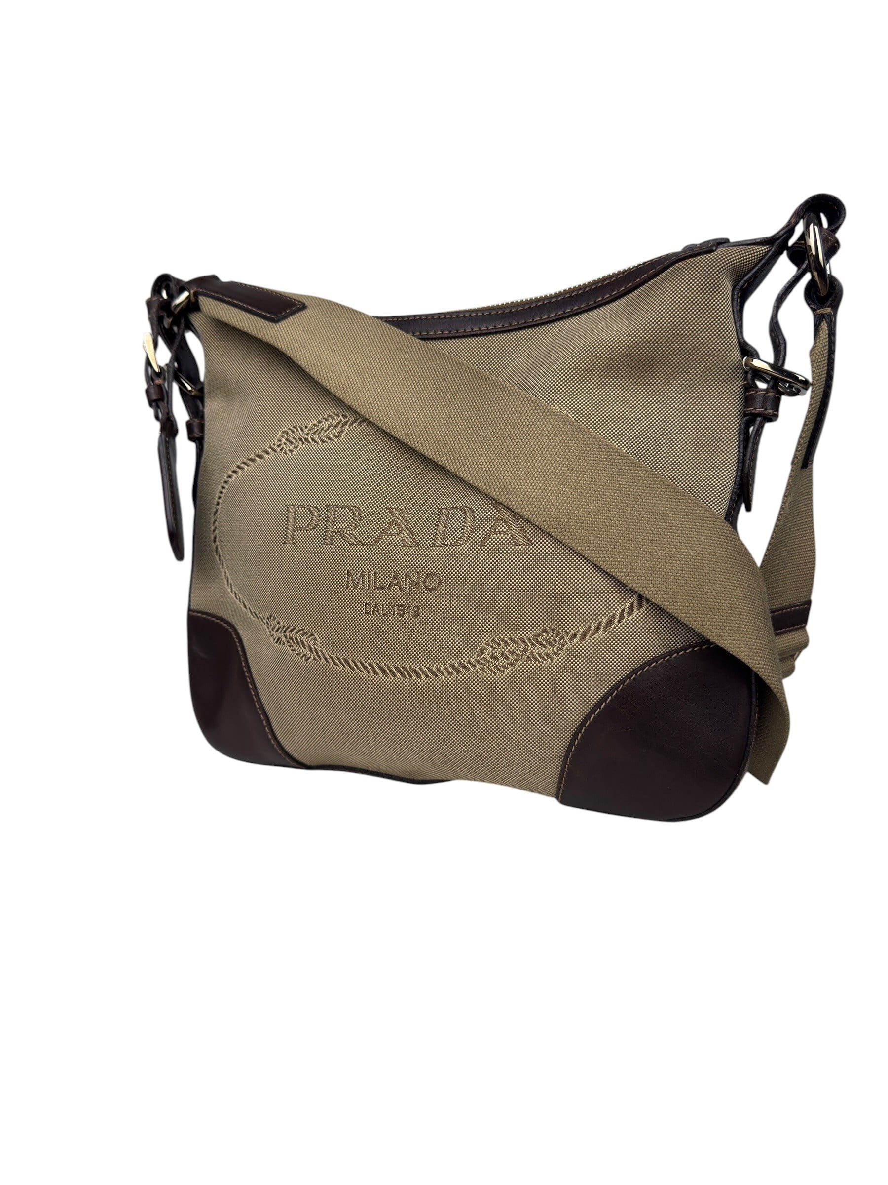 PRADA BROWN CANVAS LOGO MESSENGER BAG