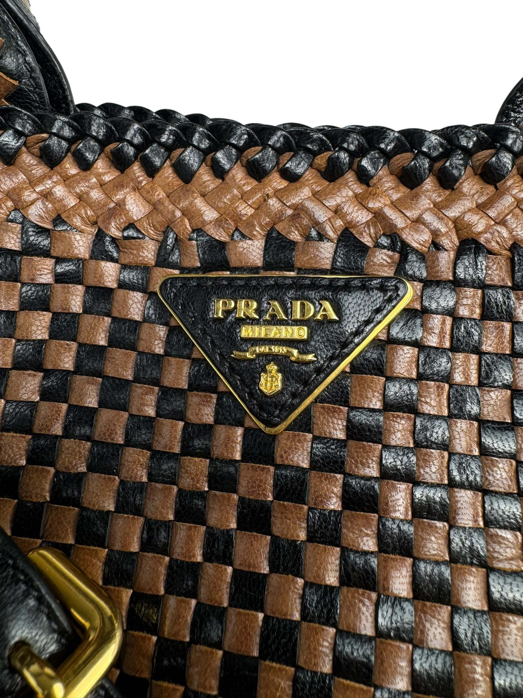 PRADA CAMELLO WOVEN GOATSKINMADRAS TOTE