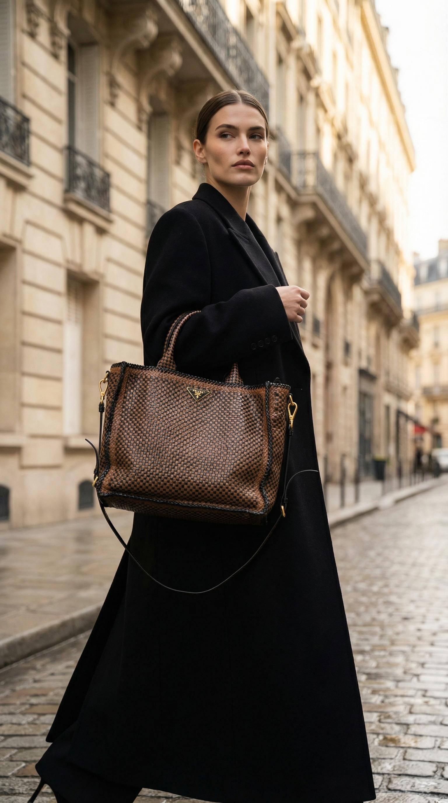 PRADA CAMELLO WOVEN GOATSKINMADRAS TOTE