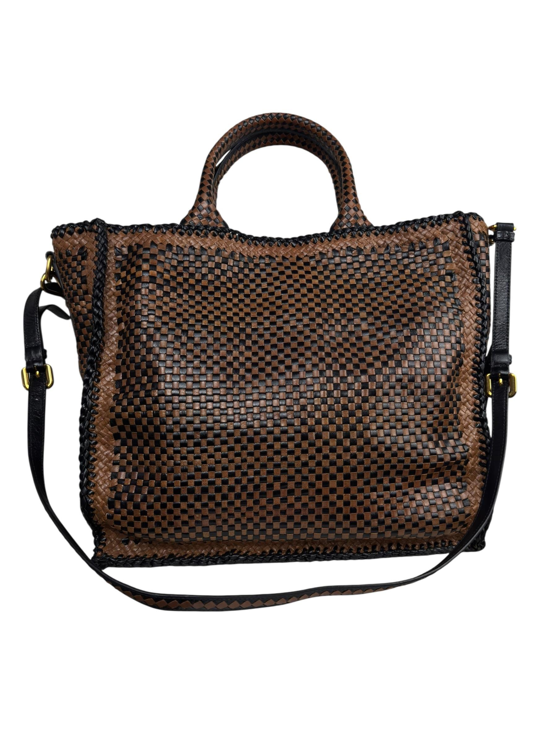 PRADA CAMELLO WOVEN GOATSKINMADRAS TOTE