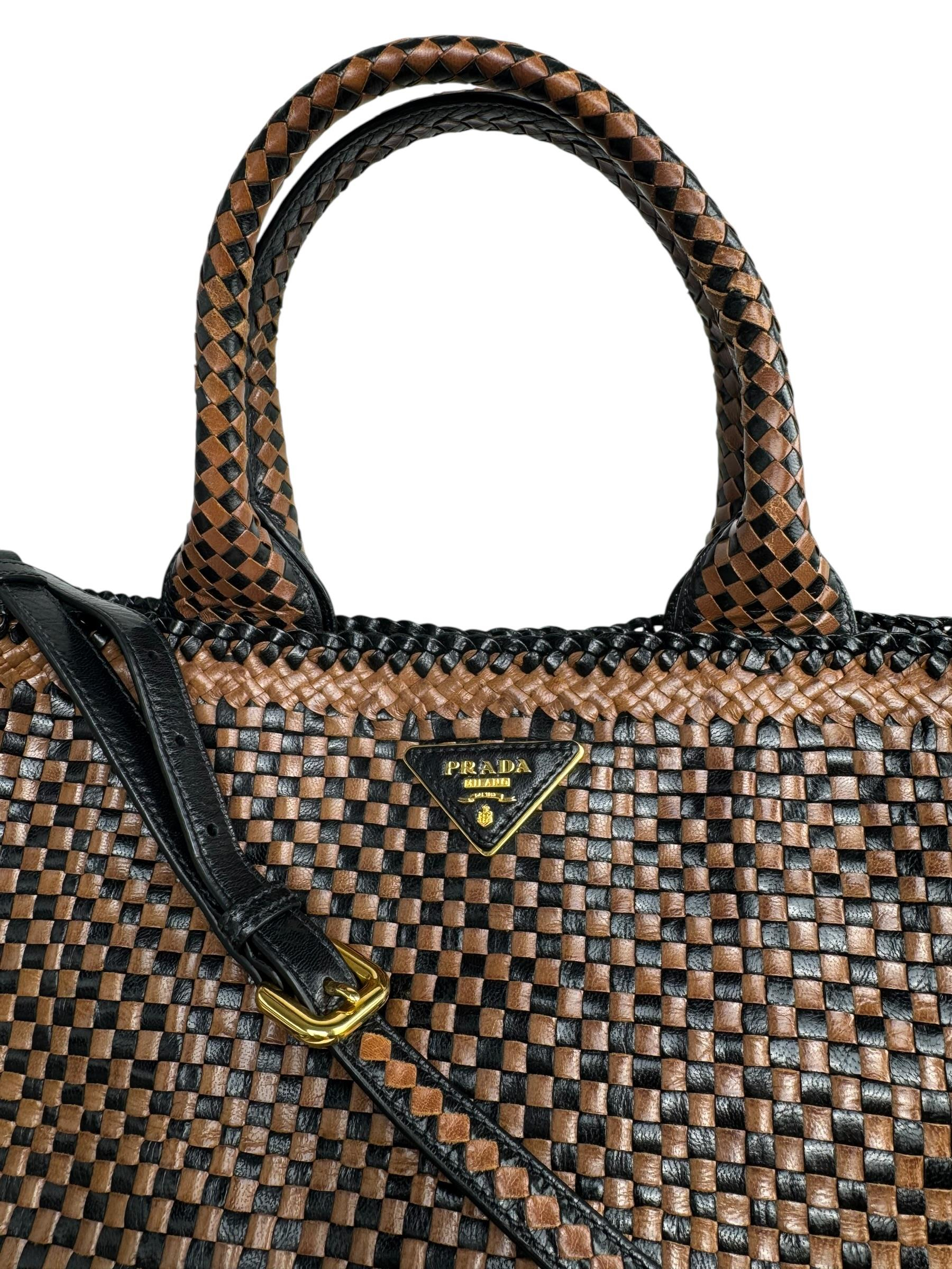 PRADA CAMELLO WOVEN GOATSKINMADRAS TOTE