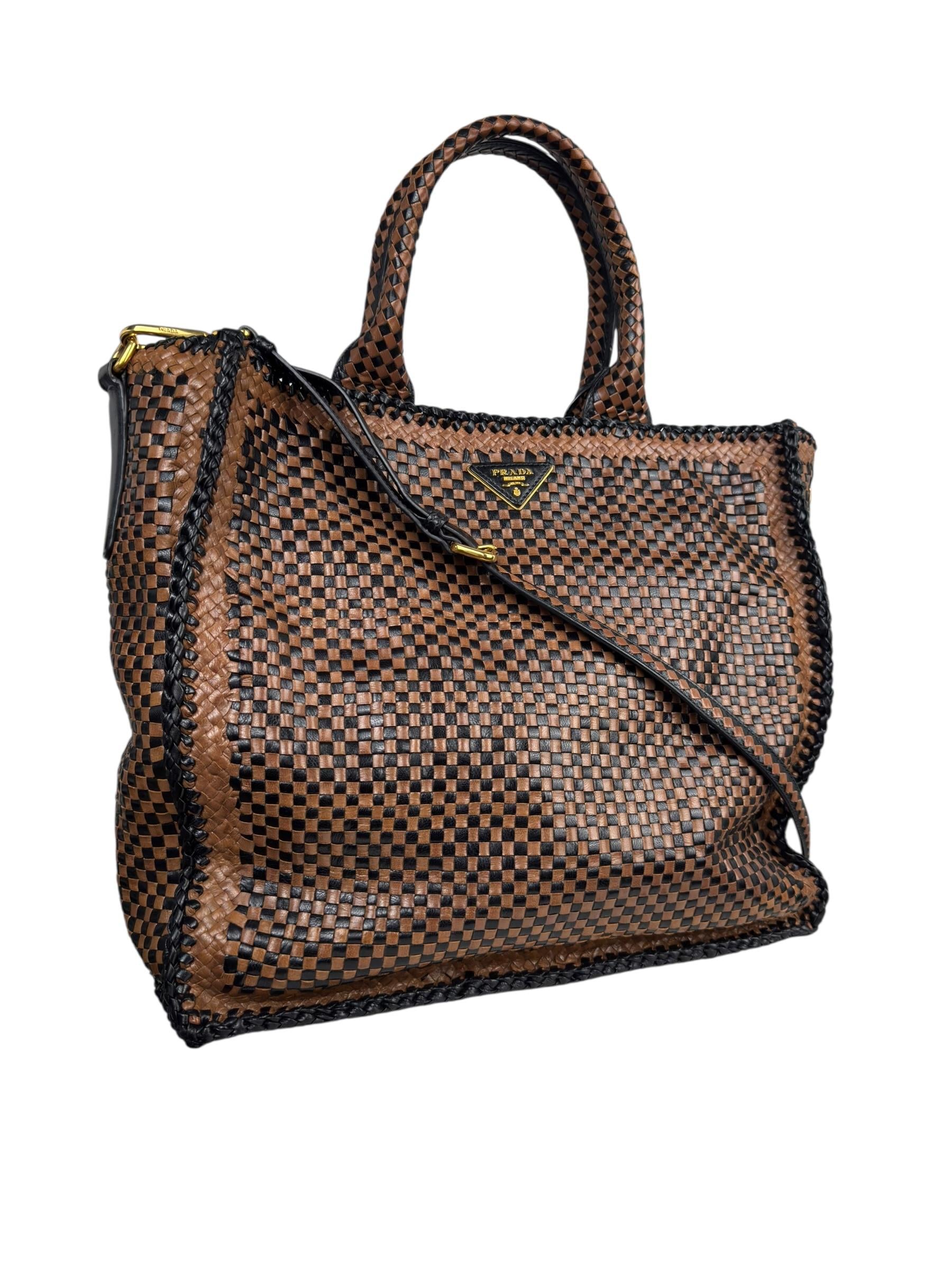 PRADA CAMELLO WOVEN GOATSKINMADRAS TOTE