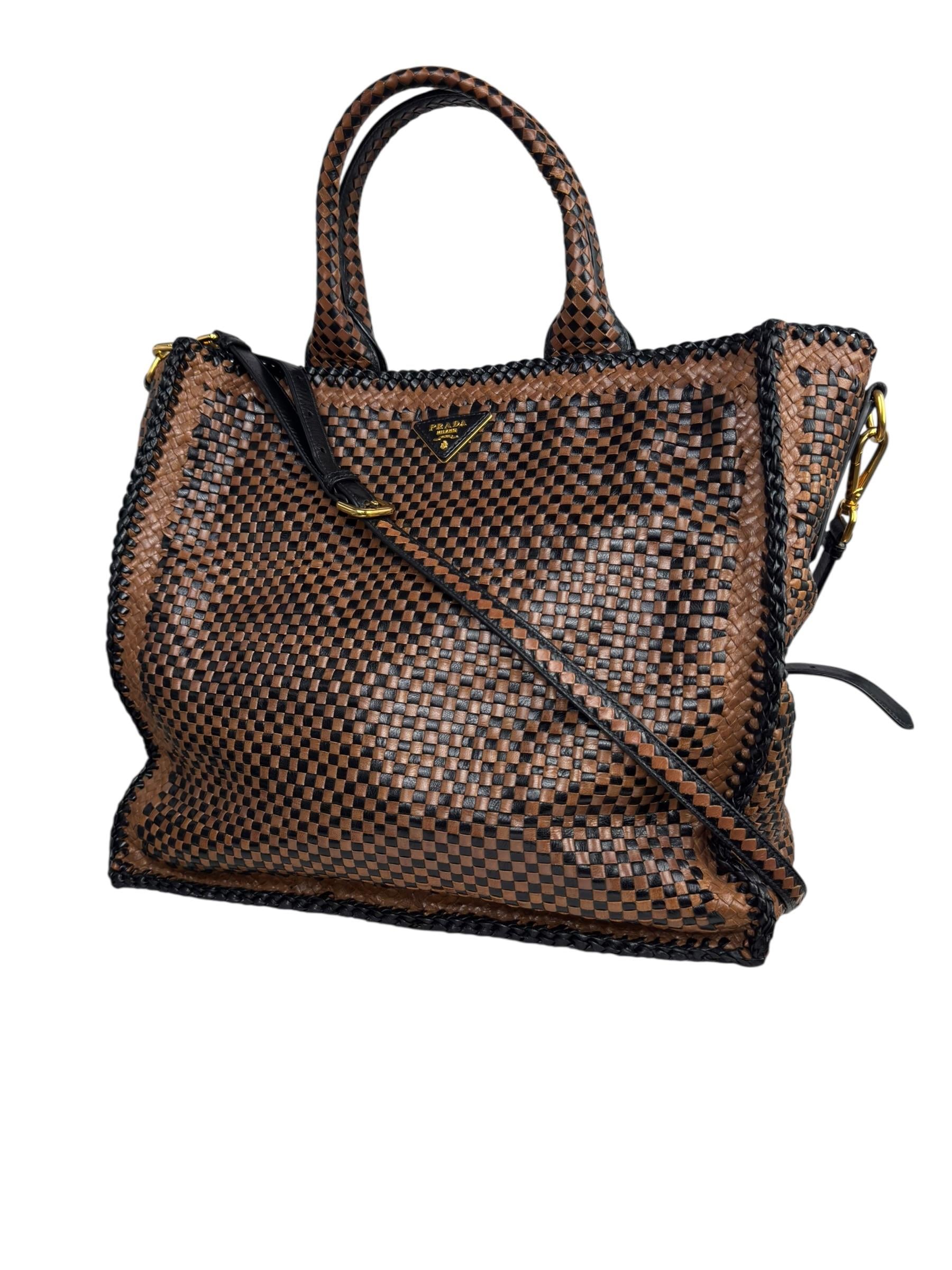 PRADA CAMELLO WOVEN GOATSKINMADRAS TOTE