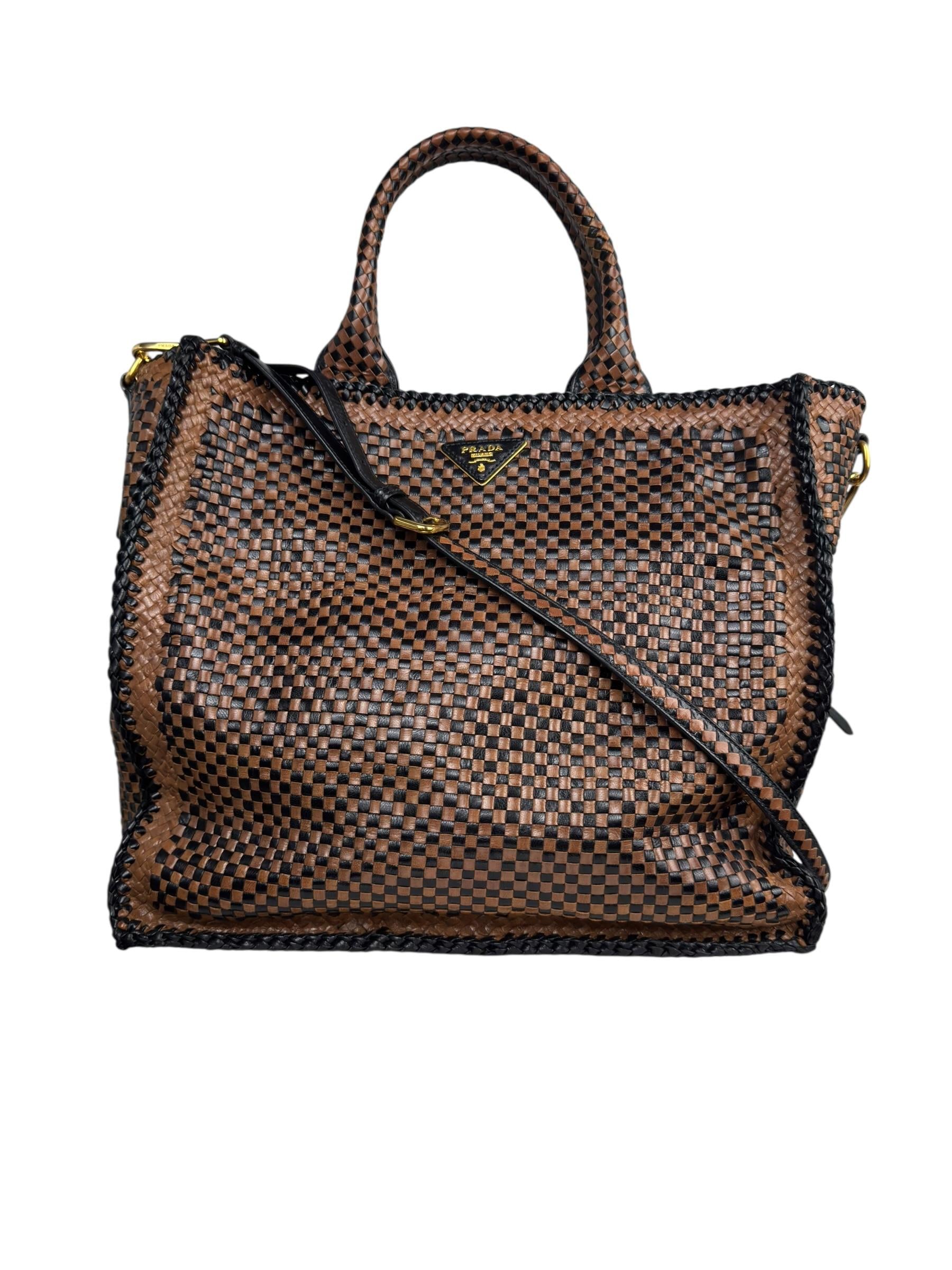PRADA CAMELLO WOVEN GOATSKINMADRAS TOTE