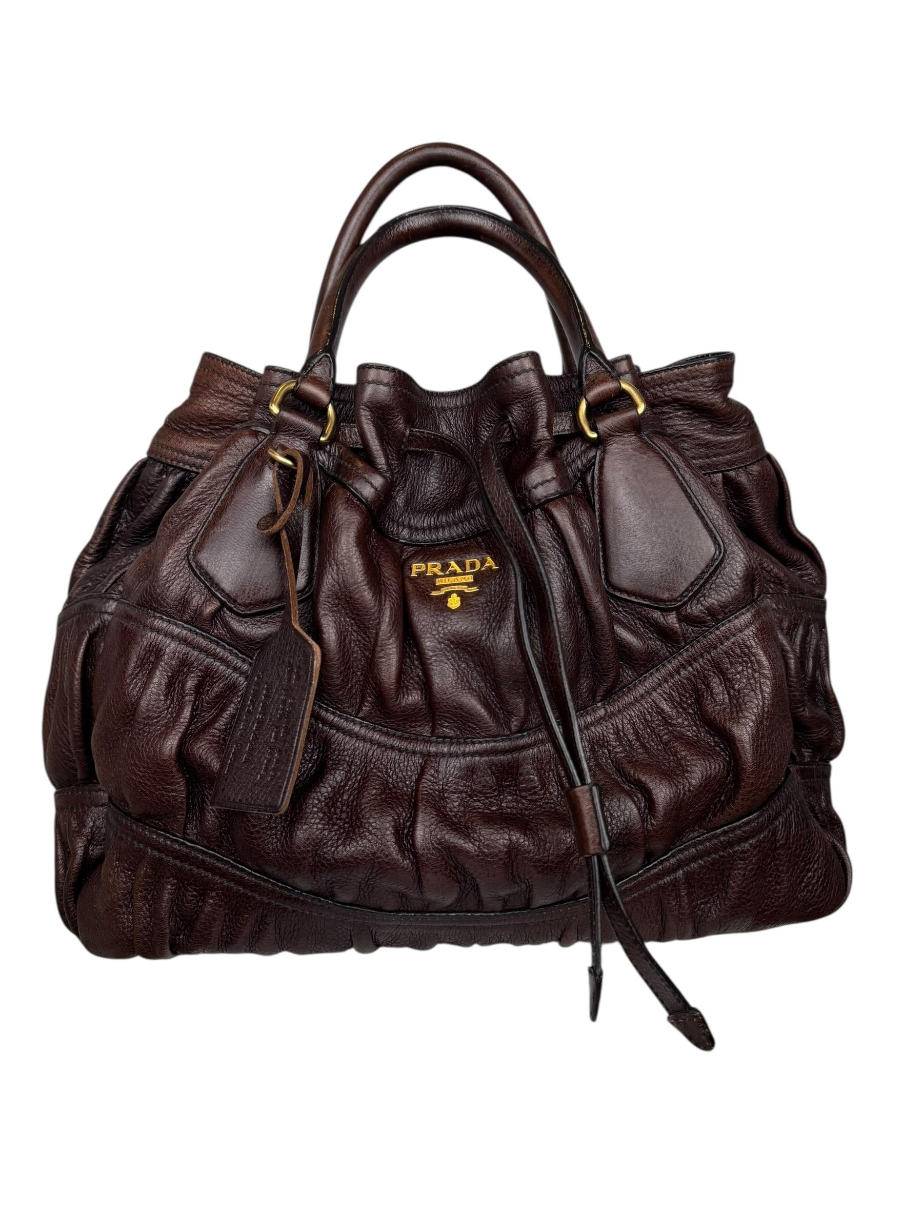 PRADA CERVO LEATHER STRAWSTRING BAG
