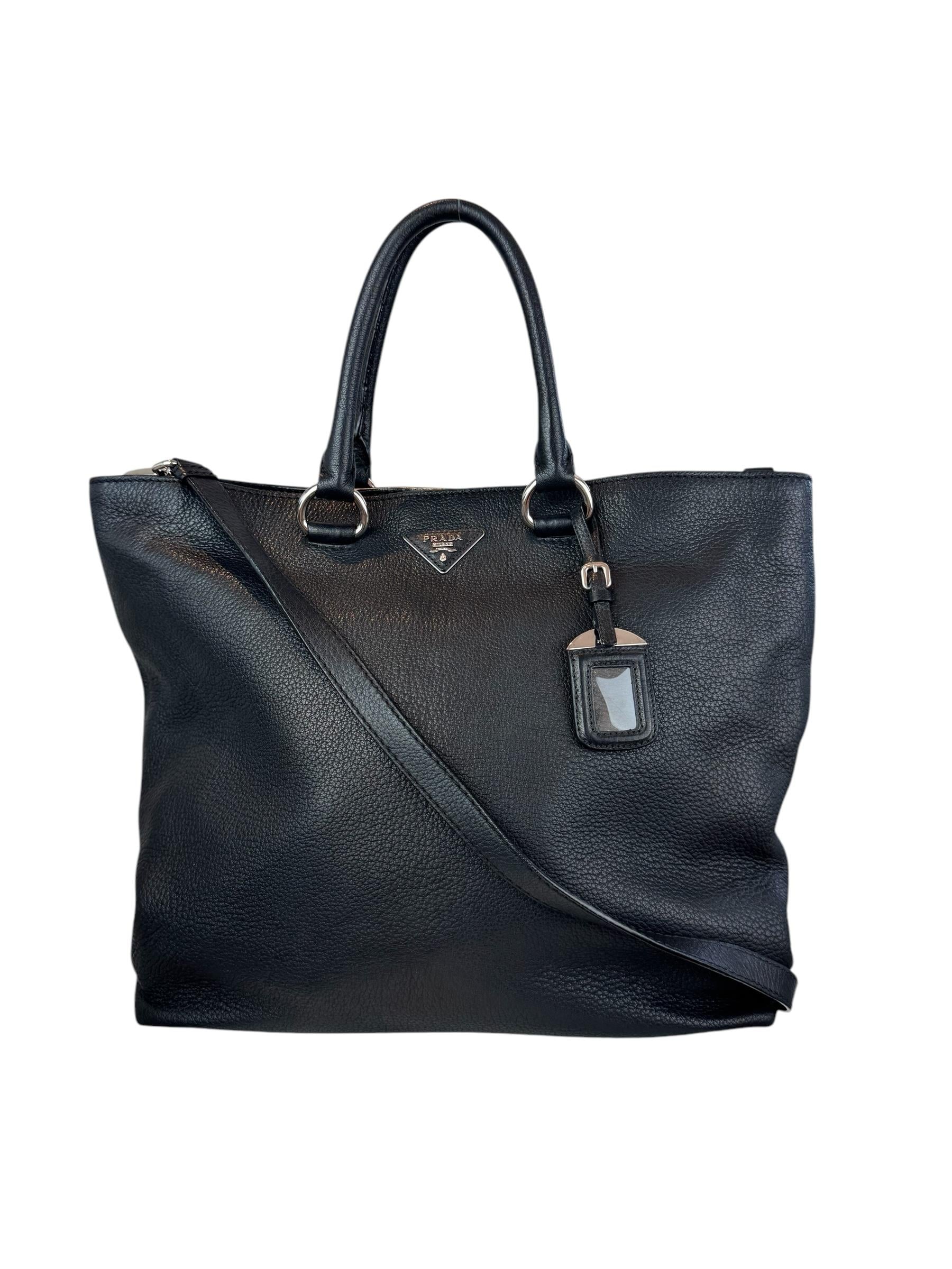 PRADA LEATHER BLACK TOTE BAG