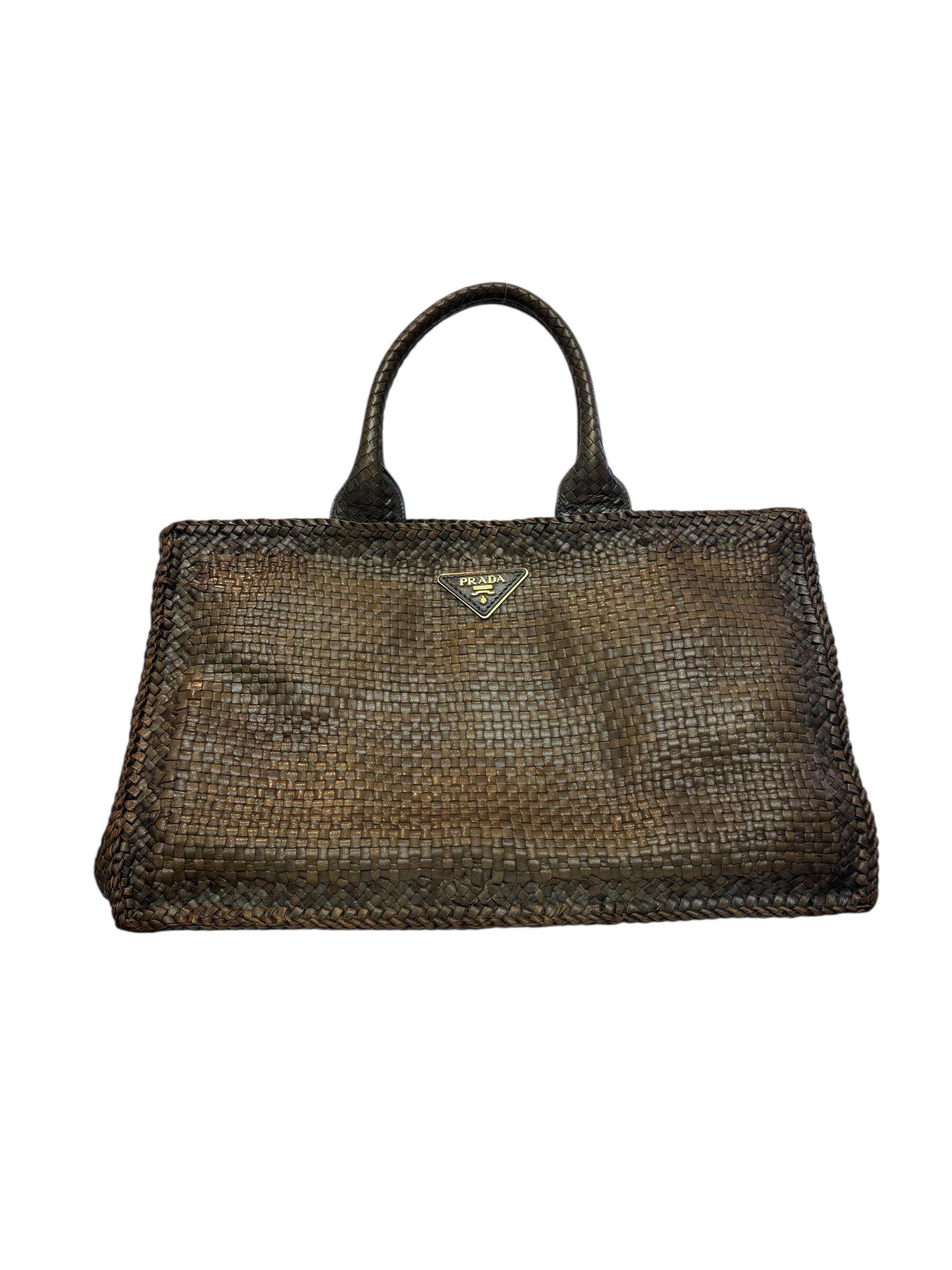 PRADA MEDIUM GOATSKIN WOVEN MADRAS TOTE