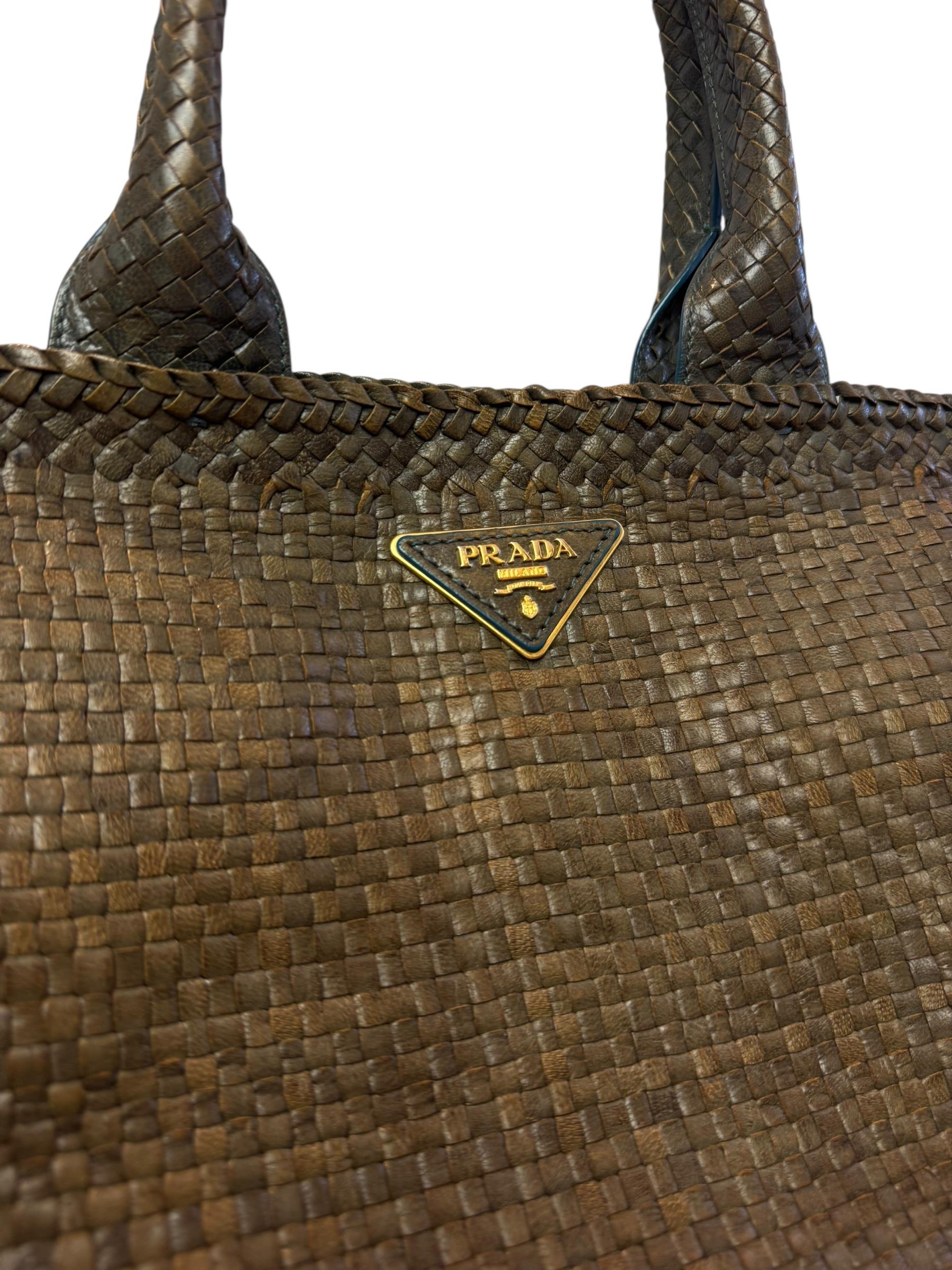 PRADA MEDIUM GOATSKIN WOVEN MADRAS TOTE