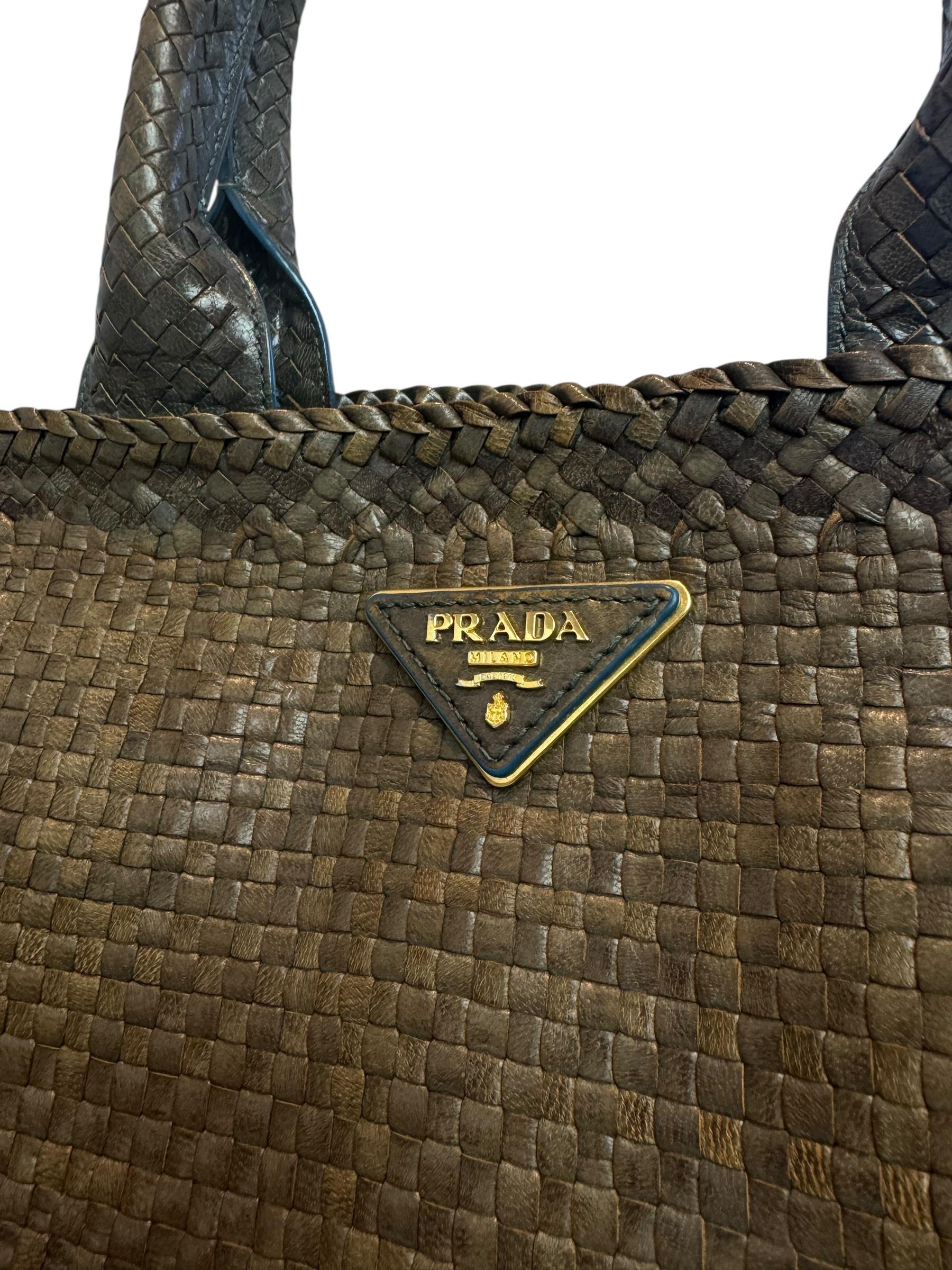 PRADA MEDIUM GOATSKIN WOVEN MADRAS TOTE