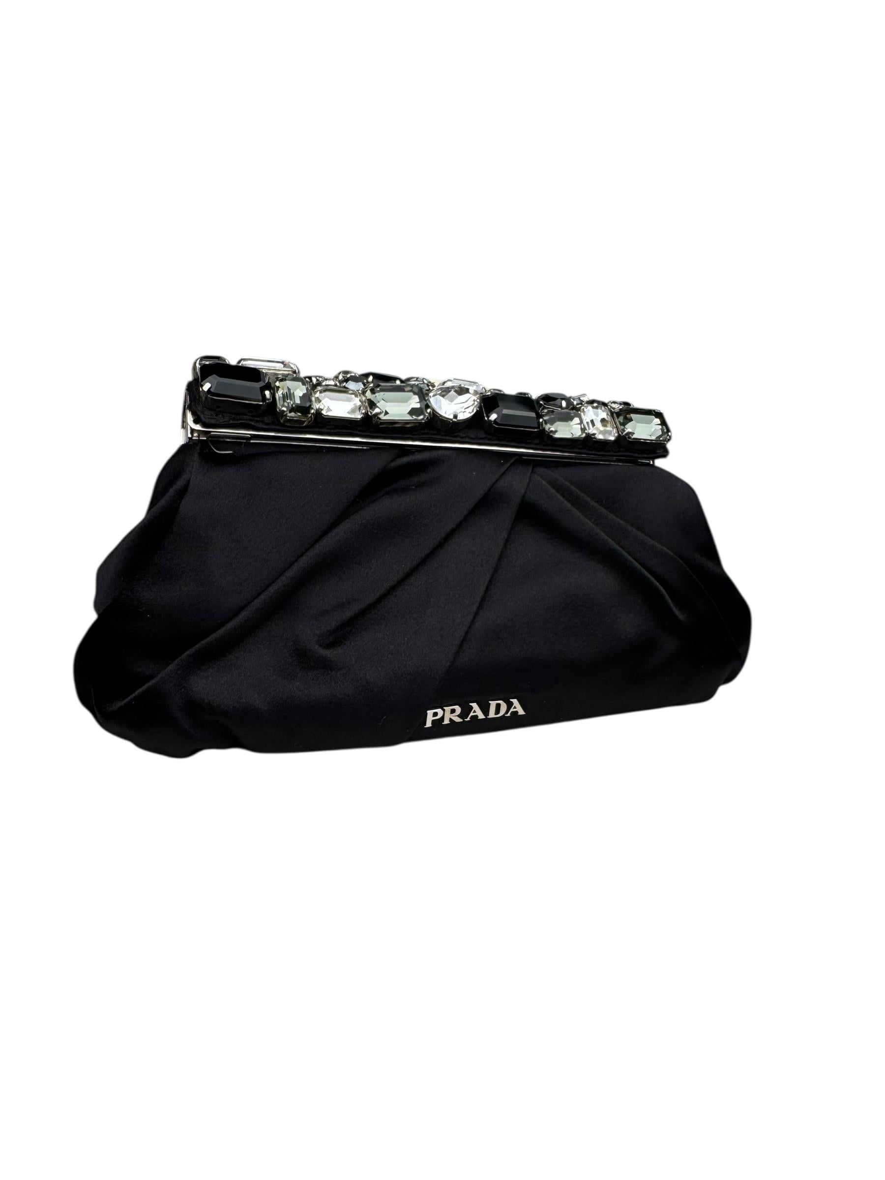 PRADA PLEATED SATIN CRYSTALS EMBELLISHED FRAME CLUTCH