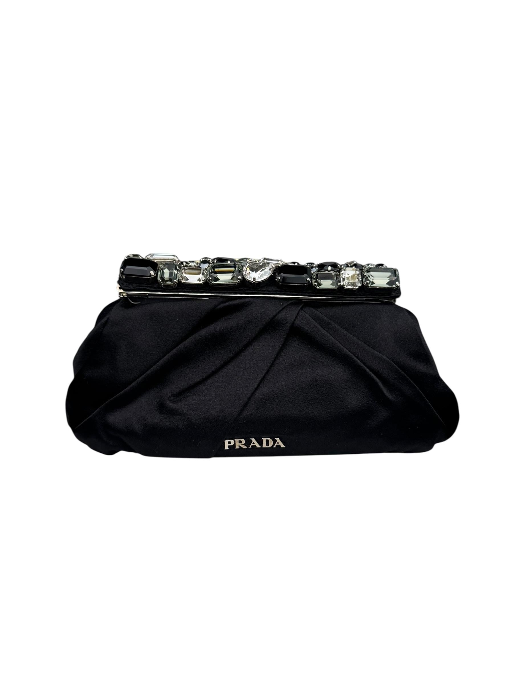 PRADA PLEATED SATIN CRYSTALS EMBELLISHED FRAME CLUTCH