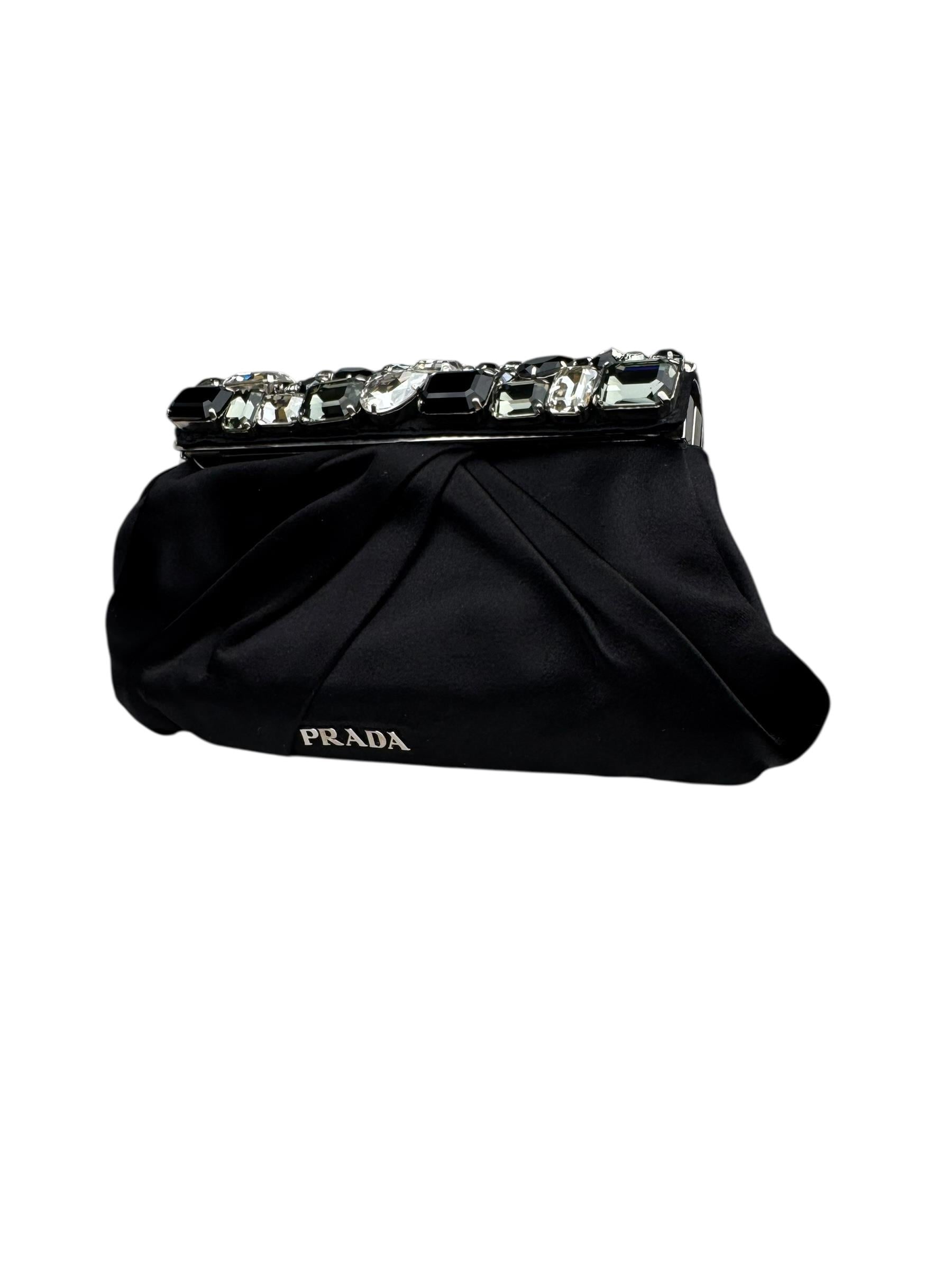PRADA PLEATED SATIN CRYSTALS EMBELLISHED FRAME CLUTCH