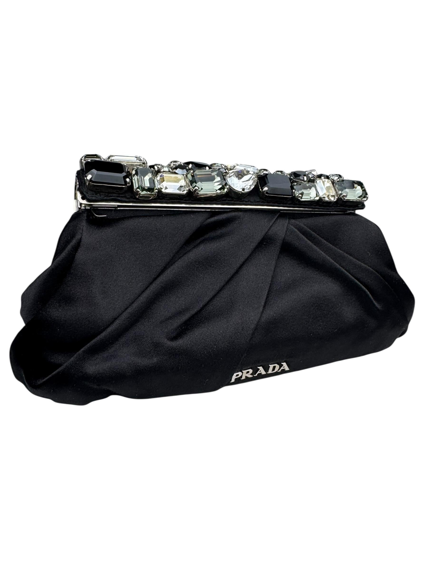 PRADA PLEATED SATIN CRYSTALS EMBELLISHED FRAME CLUTCH