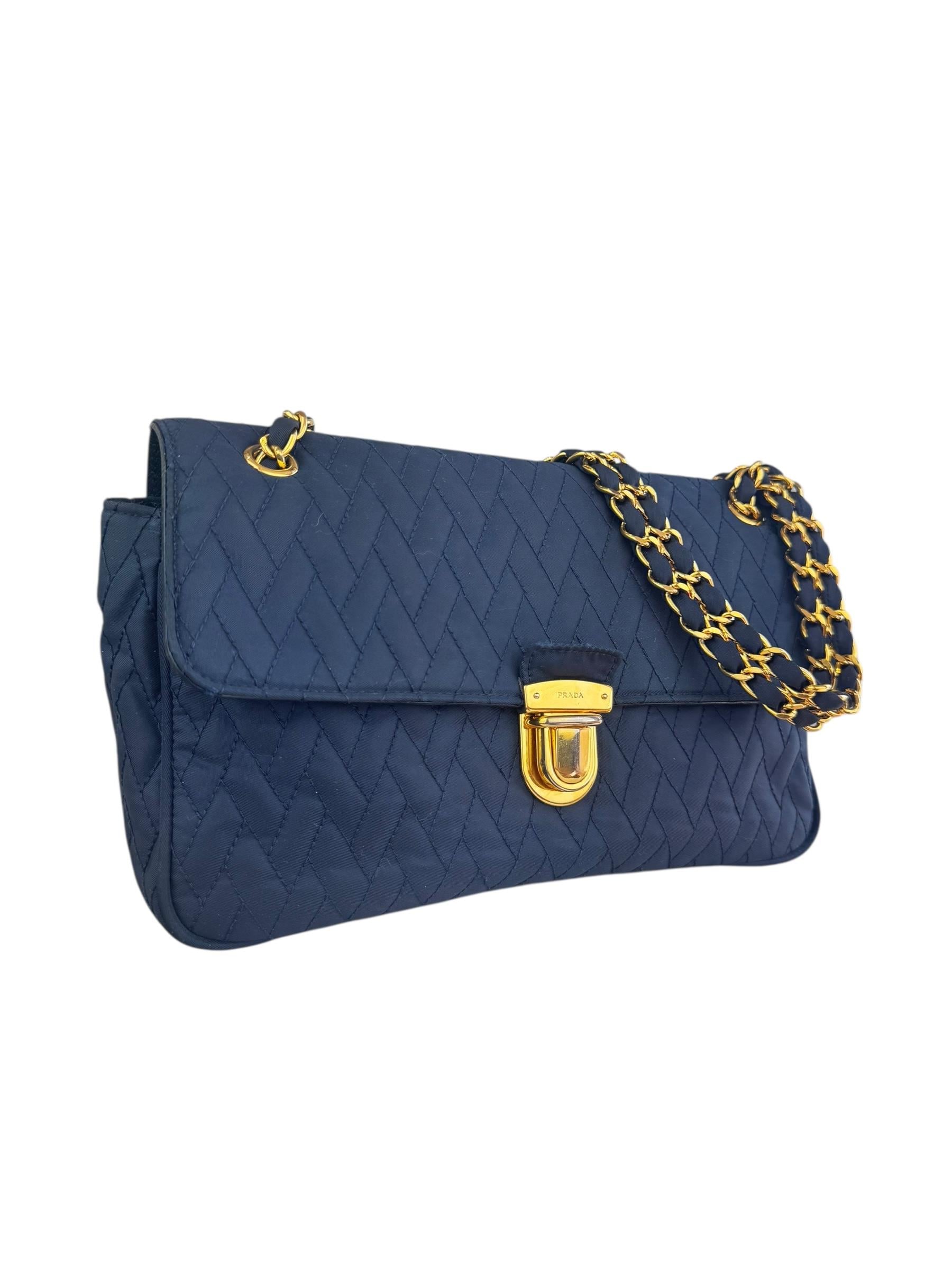 PRADA TESSUTTO CLOTH NAVY CHAIN BAG 